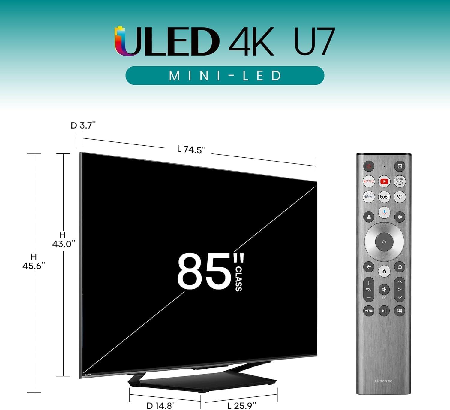Hisense 85-Inch Class U7 Series Mini-LED ULED 4K UHD Google Smart TV (85U7N) - QLED, Dolby Vision IQ, Dolby Atmos, Full Array Local Dimming, 144Hz Game Mode Pro, VRR, Alexa Compatibility - Image 2