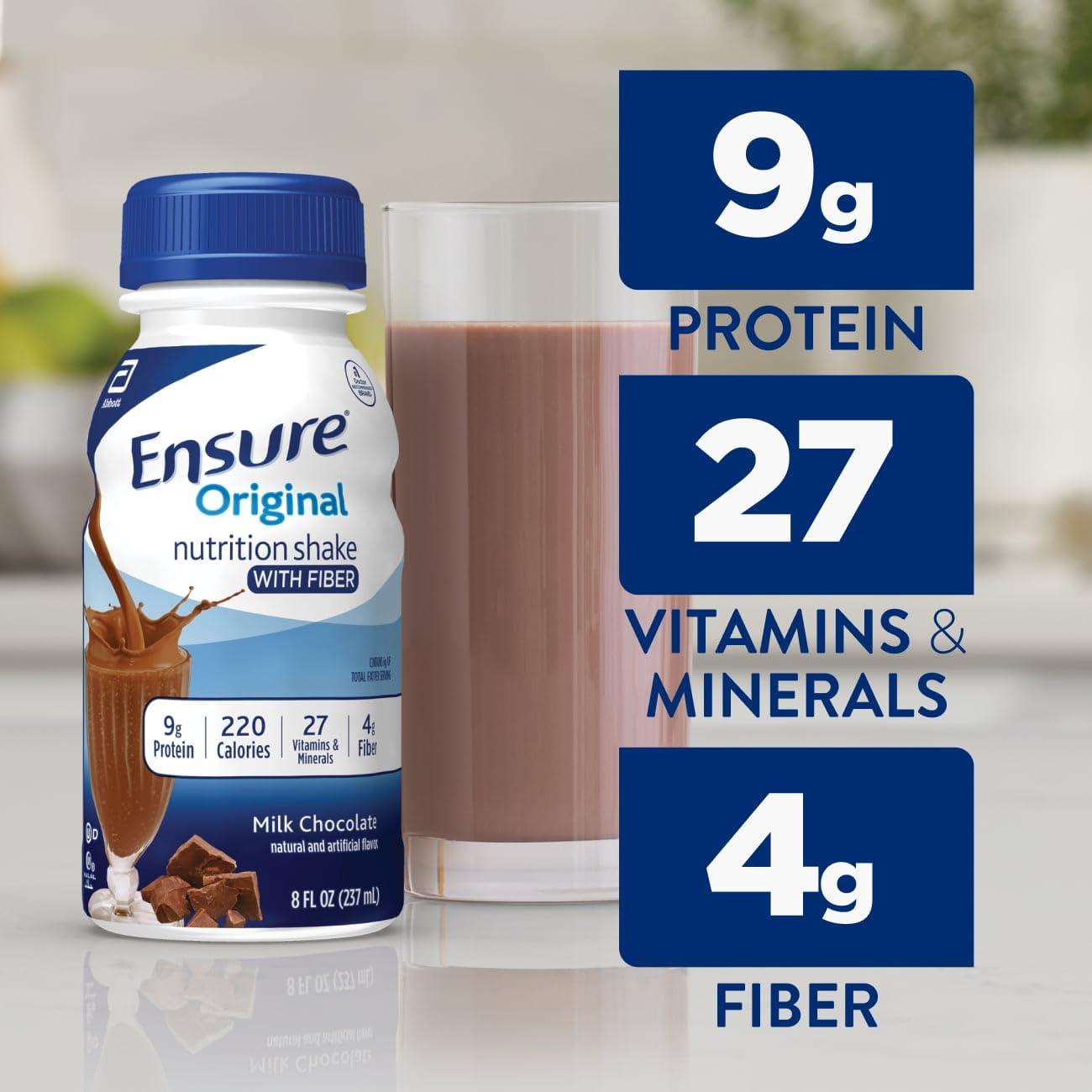 Ensure Original Milk Chocolate Nutrition Shake With Fiber | Small Meal Replacement Shake | Ready to Drink | 9g Protein, 27 Vitamins and Minerals | 8 fl oz - 24 Pack - Image 3