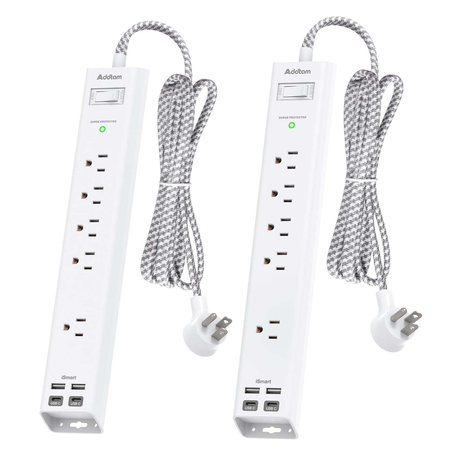 2 Pack Surge Protector Power Strip - 5 Widely Spaced Outlets 4 USB Ports, 5Ft Extension Cord, Flat Plug, Wall Mount Outlet Extender, Desk Charging Station for Home Office College Dorm Room Essentials
