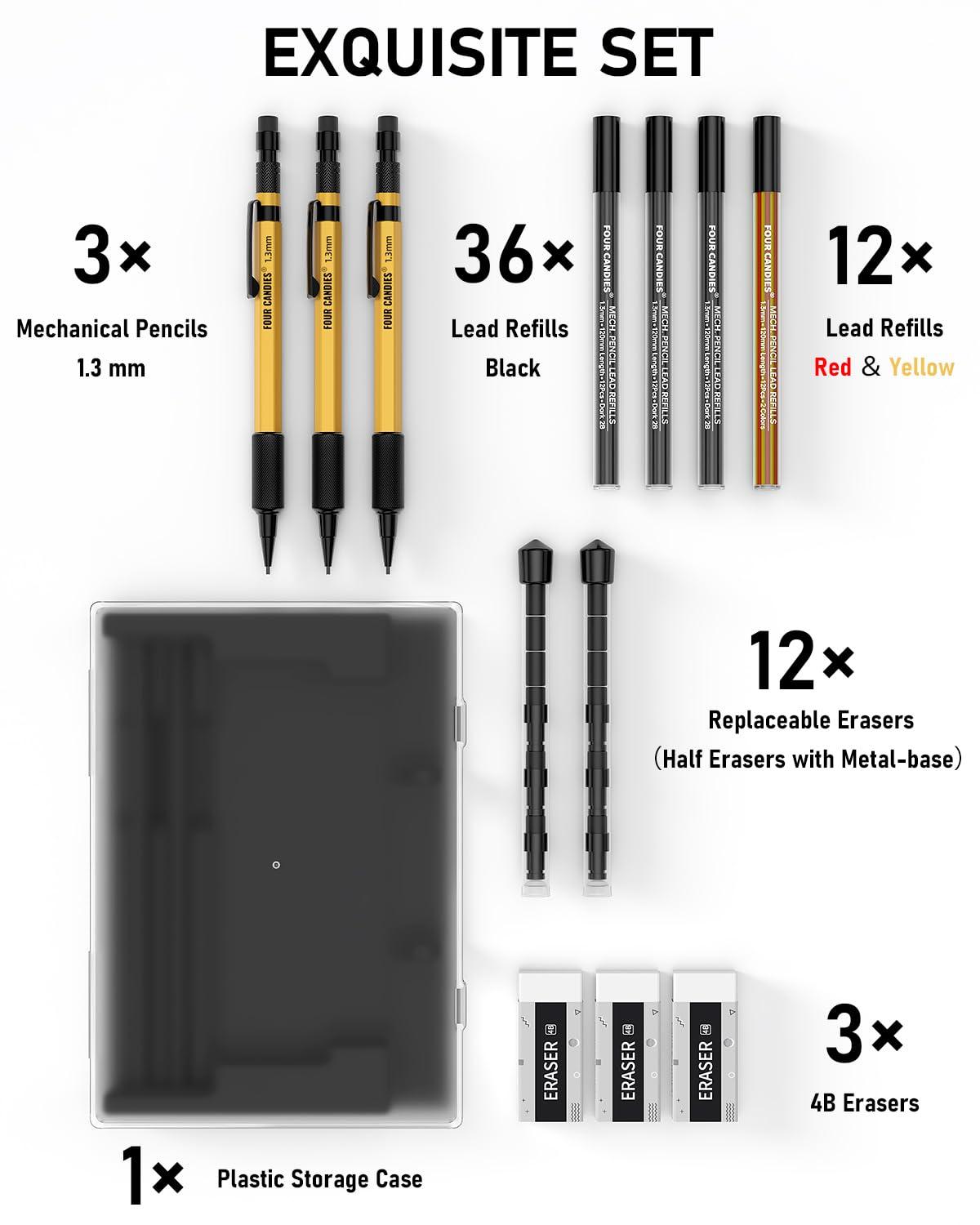 Four Candies 3PCS 1.3mm Mechanical Pencil Set with Case, Metal Heavy Duty Carpenter Pencils with 48 Refill(Red,Black,Yellow) 3Eraser, 12Eraser Refill, Weatherproof Body Outdoor Woodworking Marking - Image 7
