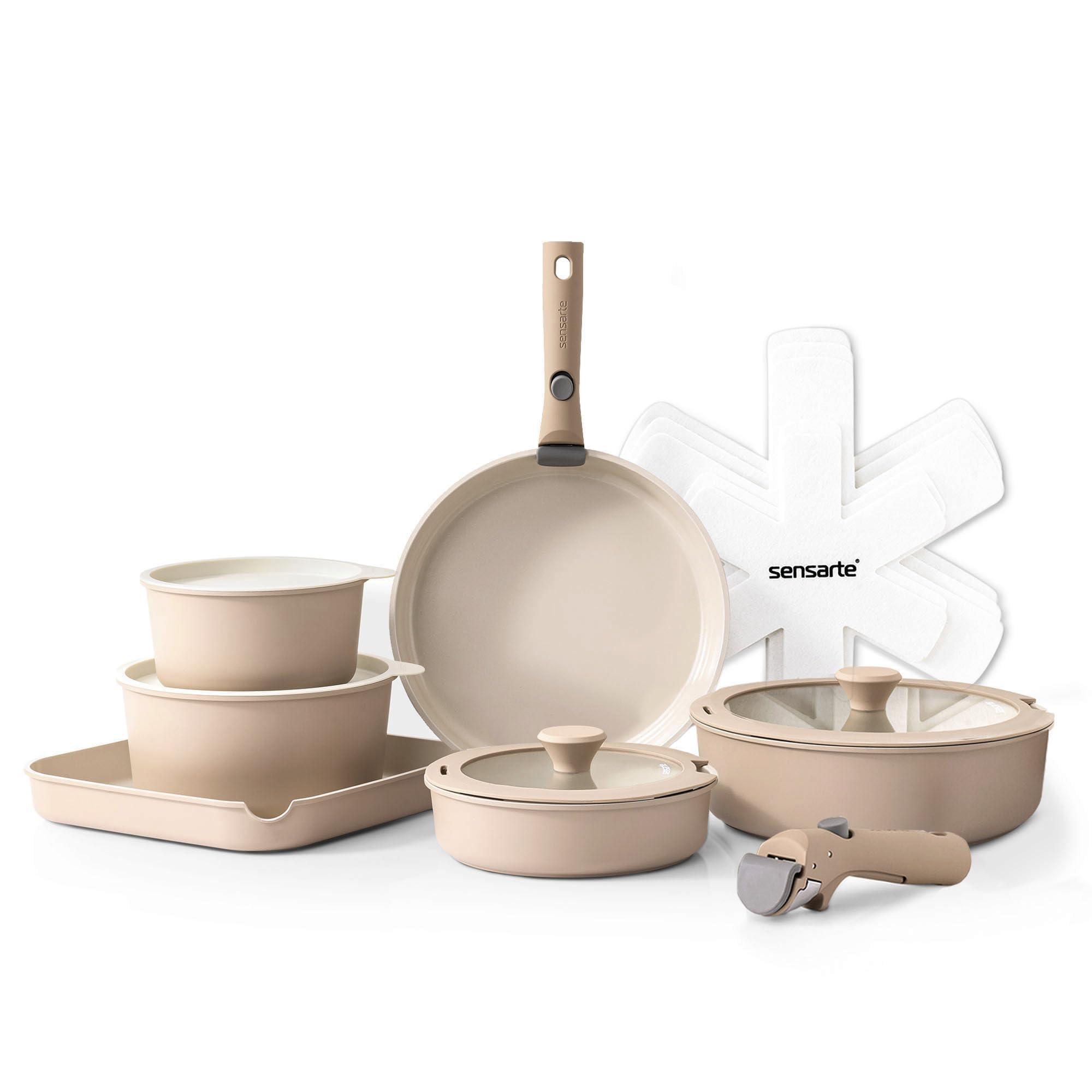 SENSARTE 17 Piece Ceramic Pots and Pans Set, Nonstick Detachable Handle Cookware, Induction Kitchen Cookware Set with Removable Handle, Dishwasher ＆ Oven Safe (Almond Beige)