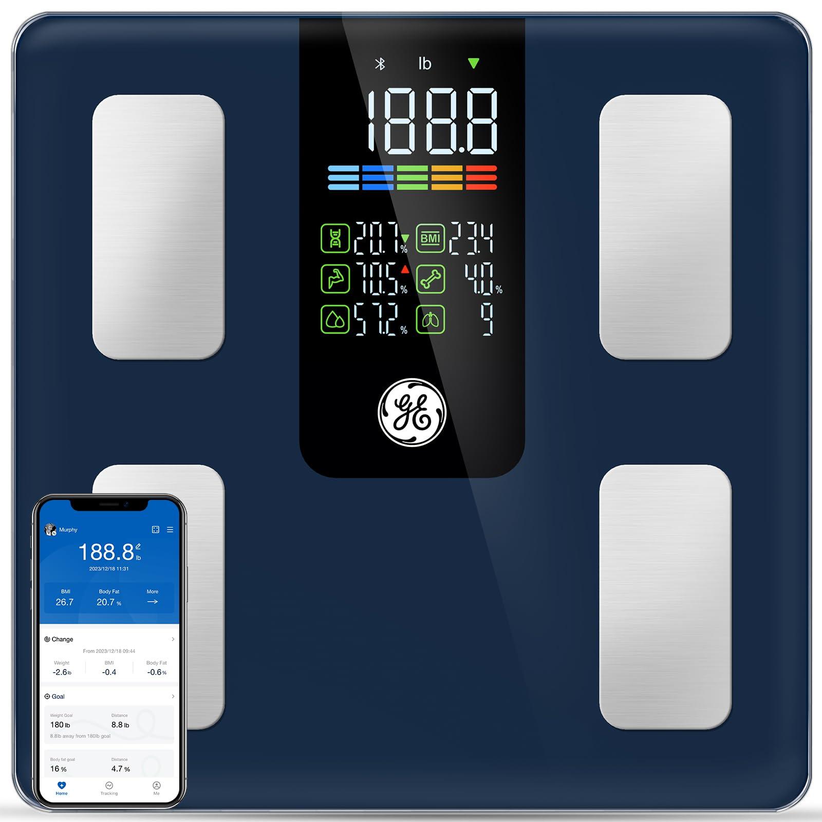 GE Scale for Body Weight Smart: Digital Bathroom Body Fat Scales 500lbs for BMI Muscle Bluetooth Smart Weight Monitor 11.8" Large Platform Weighing Machine Health Analyzer with App Drak Blue
