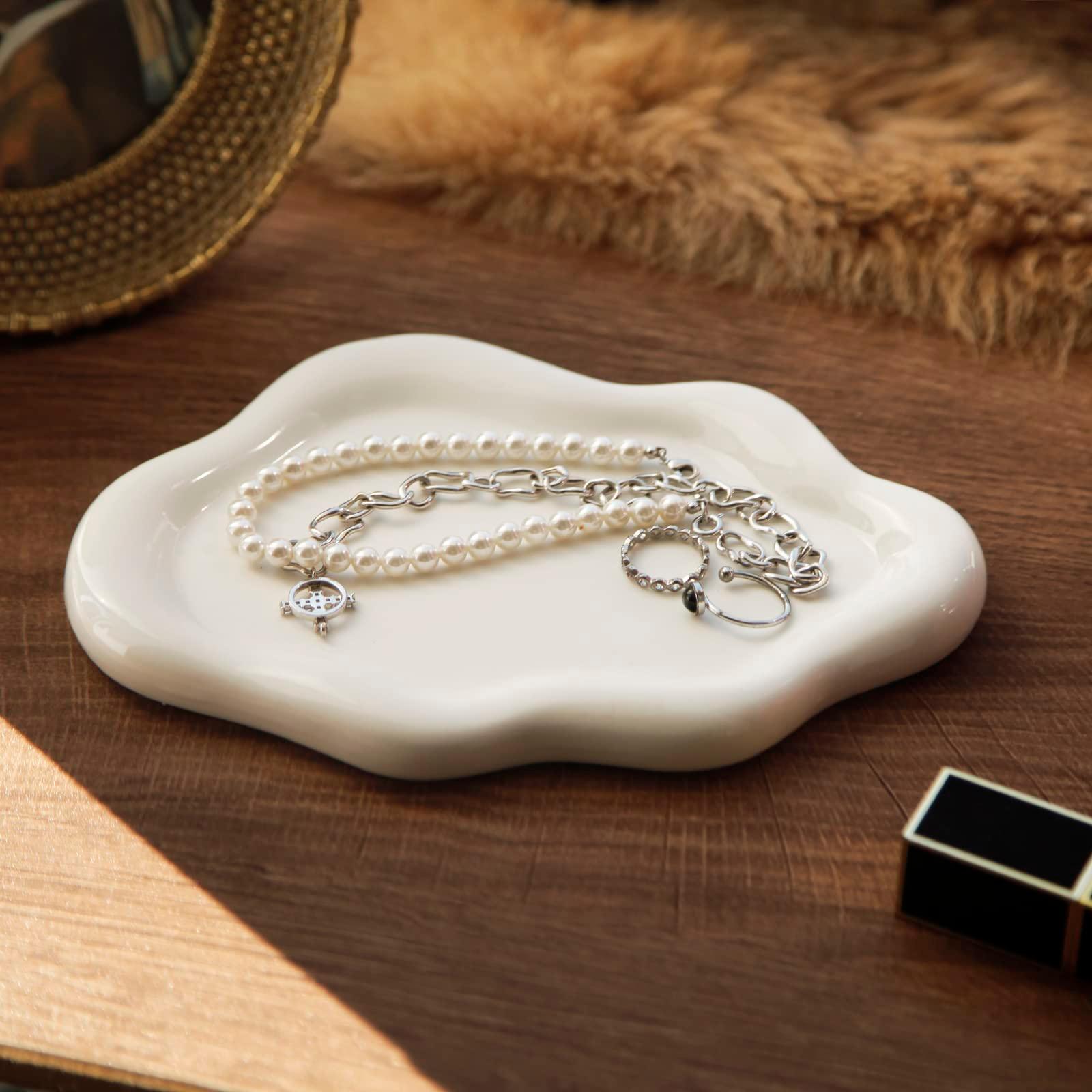 MDFAYE Jewelry Dish Trinket Tray for Women, Ring Dish Holder, Unique Cloud Shape Ceramic Plate Cute Things Vanity Aesthetic Room Decor Mother's Day Birthday (White) - Image 7