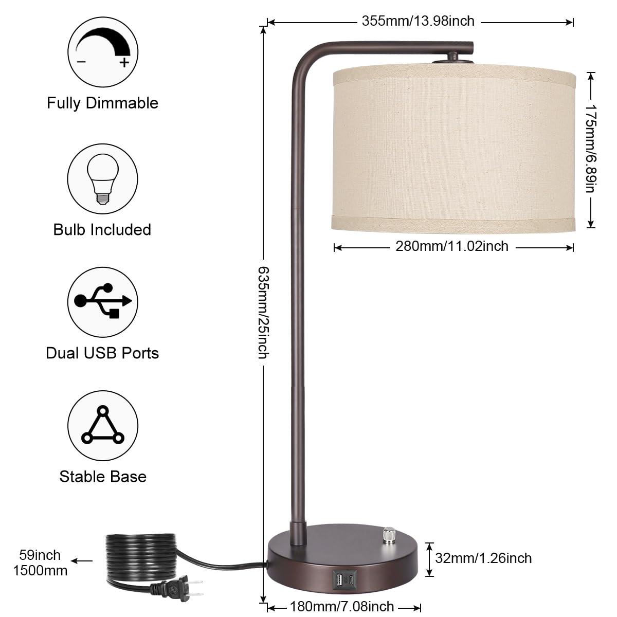 Table Lamp with USB C+A Ports, Fully Stepless Dimmable Modern Bedside Nightstand Lamp, Tall Reading Desk Lamp for Bedroom, Living Room, Study Room, Office, 9W 3000K LED Bulb Included - Image 3