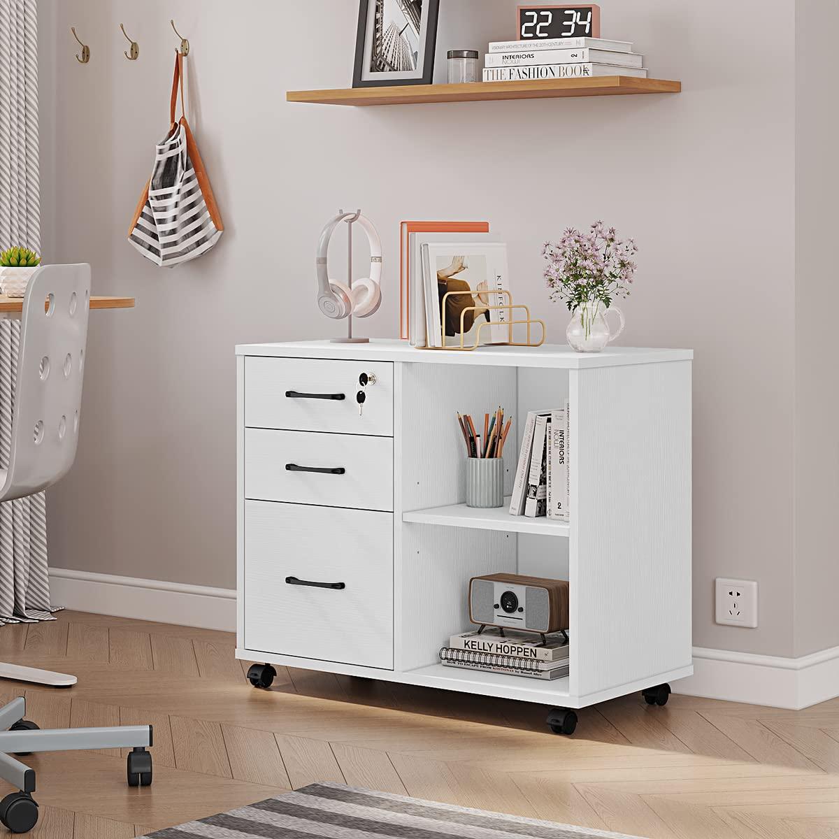 3 Drawer File Cabinets, Mobile Lateral Printer Stand with Open Shelf, Rolling Filing Cabinet with Wheels Home Office Organization and Storage (White) - Image 2