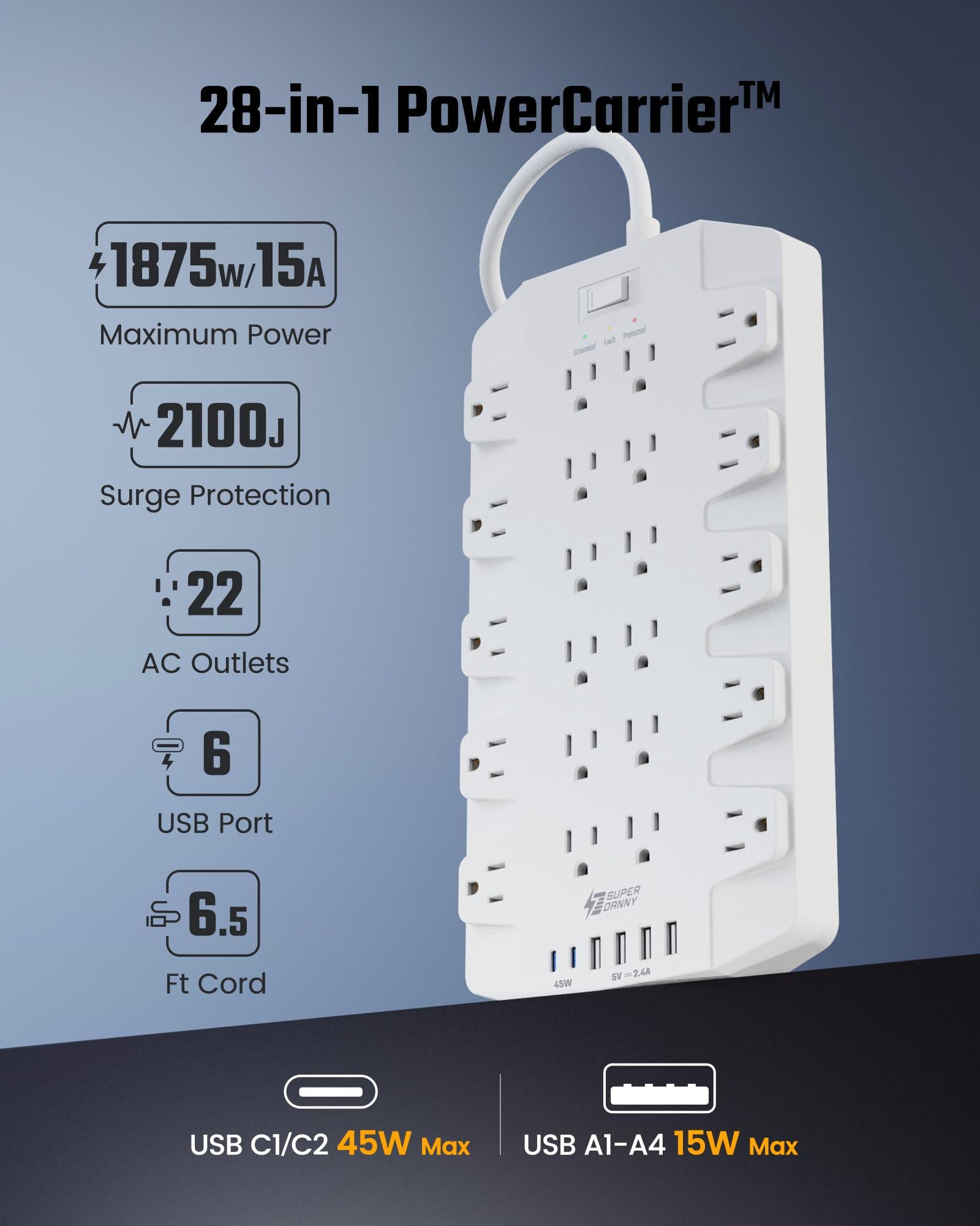 45W Power Strip Surge Protector with PD USB-C, SUPERDANNY 1875W/15A, 2100J, 6.5ft Flat Plug Mountable Extension Cord with 22 Outlet+6 USB Port, Fast Charging for Home,Office,Dorm,Gaming,PC,Streaming - Image 2