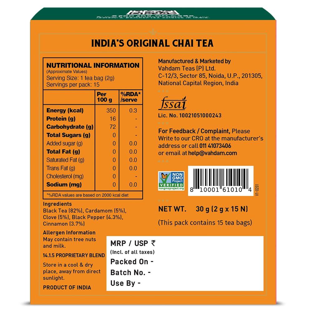 VAHDAM, India's Original Masala Chai Tea Bags (15 Count) Non GMO, Gluten Free, No Added Flavoring | Blended w/Savory Exotic Spices | Individually Wrapped Pyramid Tea Bags | Direct from Source - Image 2