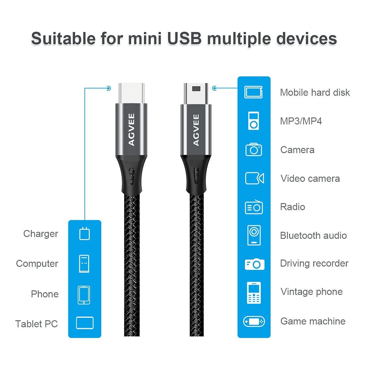 AGVEE 2 Pack 3.3ft USB-C to Mini USB Cable, Braided Durable Mini-B 5-Pin to Type-C Data Charging Charger OTG Cord for Hero 3+, PS3 Controller, Canon Nikon Camera, GPS, Blue Yeti, Dark Gray - Image 5