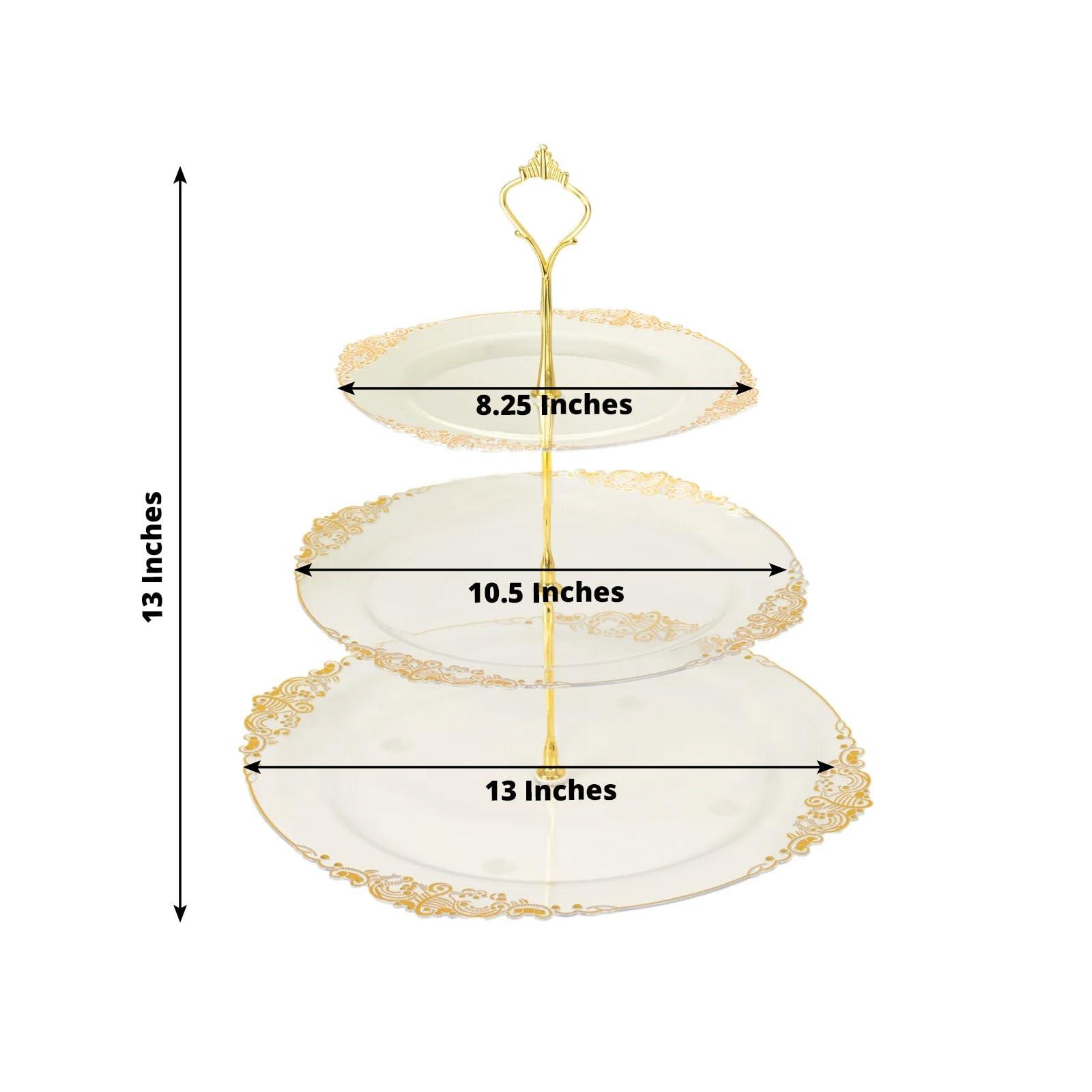 Efavormart 3-Tier Clear Plastic Cupcake Stand Holder with Gold Embossed Baroque Rim, Round Cake Dessert Display Stand Tiered Serving Tray with Top Handle - 13" - Image 2
