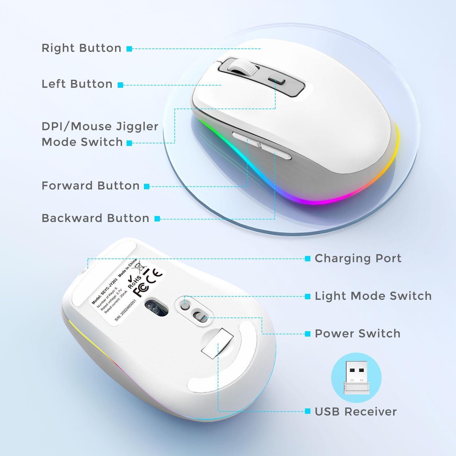 PEIOUS Wireless Mouse Jiggler - LED Wireless Mice with Build-in Mouse Mover, Rechargeable Moving Mouse for Laptop with Undetectable Random Movement Keeps Computers Awake - White & Grey - Image 6