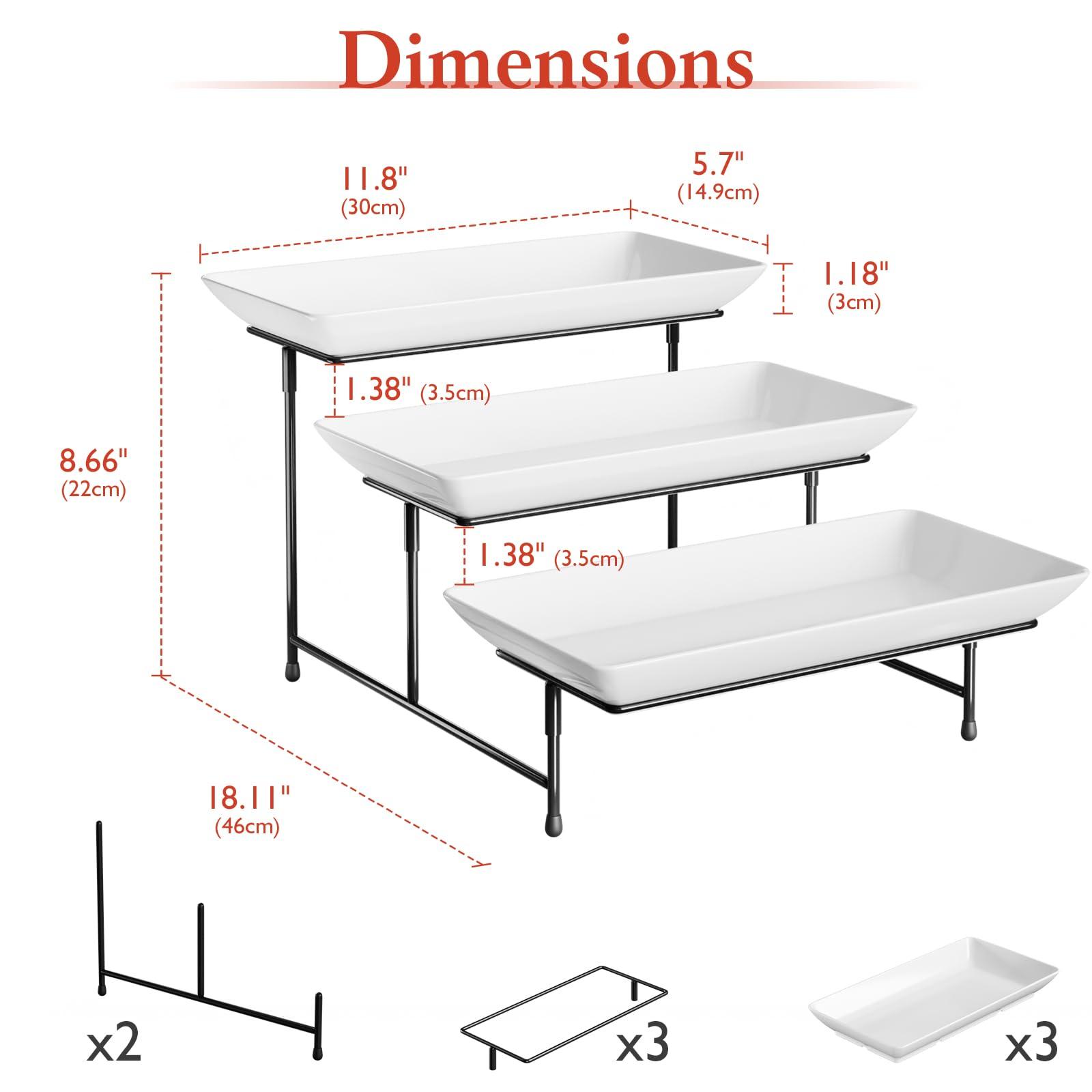 3 Tier Plastic Serving Tray for Party, 11.5" x 5.6" Platters for Serving Food, Microwave-Safe, White Reusable Trays with Black Metal Display Stand for Cupcakes, Sevring Food, Dessert, Fruit, Black - Image 3