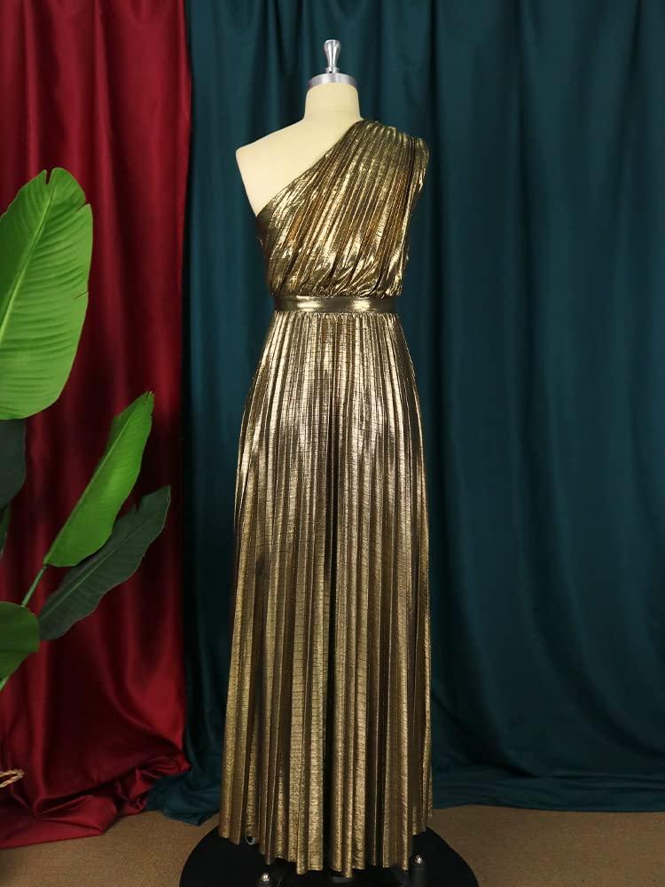 AOMEI Women's Luxury Metallic One Shoulder Sleeveless Elegant Pleated Long Dress - Image 4