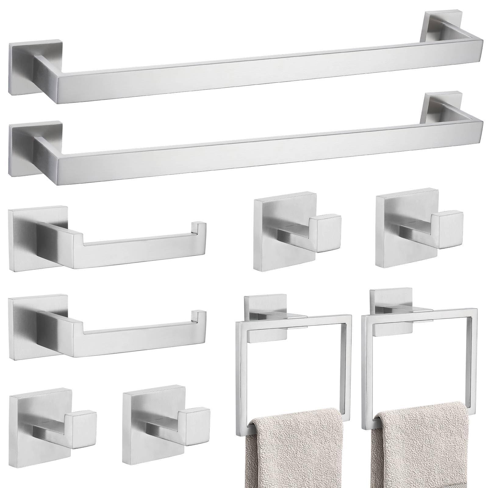 10-Piece Bathroom Hardware Accessories Set-Brushed Nickel Towel Bar, Holder & Racks-SUS304 Stainless Steel-Wall Mounted,23.6-Inch