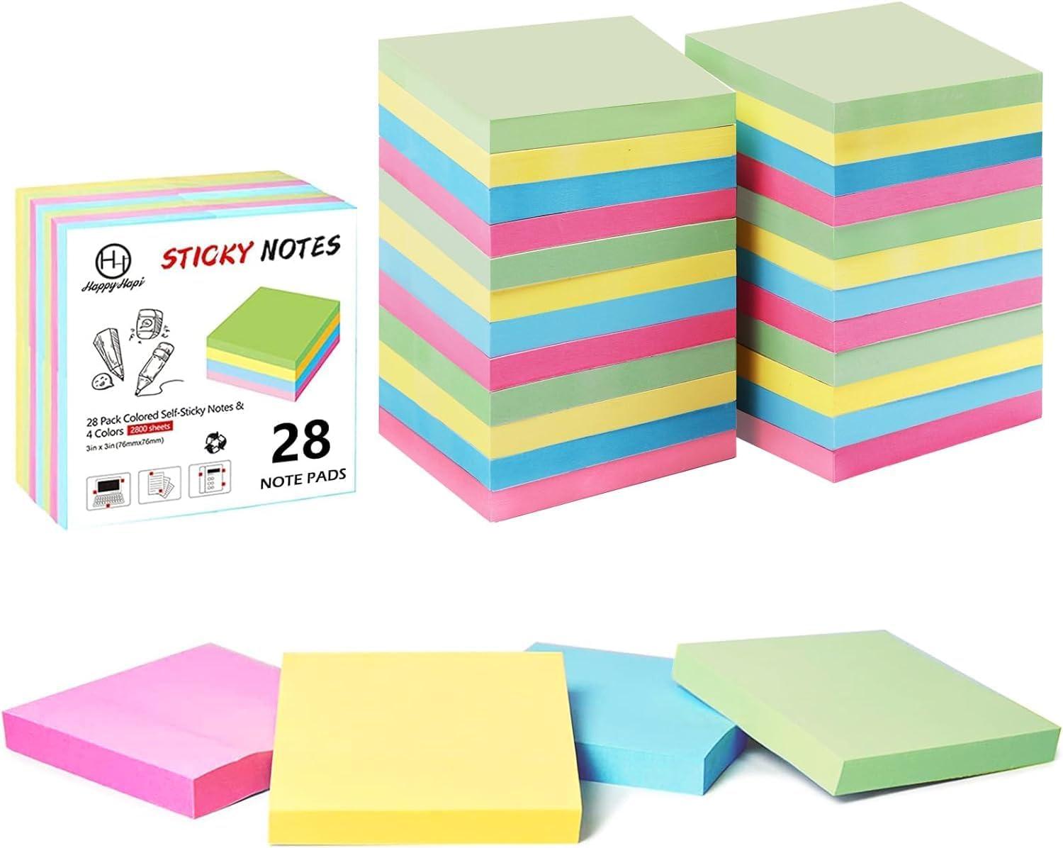 HappyHapi Sticky Notes 3x3 Inches Bulk 28 Pack 2800 Sheets Colored Self-Stick Pads, 100 Sheets/Pad, 4 Bright Colors (Yellow, Green, Pink, Blue) for Office Supplies, School, Home - Image 1