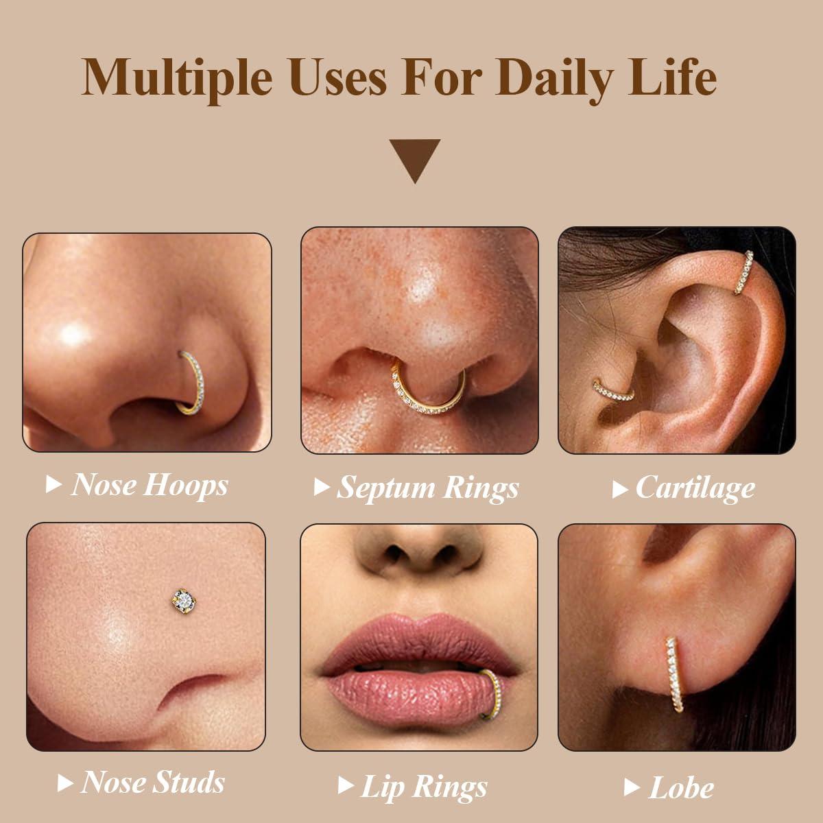 18G/16G Nose Rings Hoop and 20g Nose Studs Sets for Women Men, Hypoallergenic 316L Surgical Steel Hinged Clicker Segment CZ Nose Hoops Double Hoop Nose Ring Septum Lip Helix Cartilage Daith Tragus Sleeper Earrings Gold Silver L Shape/Corkscrew Nose Studs Nostril Small Piercing Jewelry, Pack of 4Pcs - Image 3