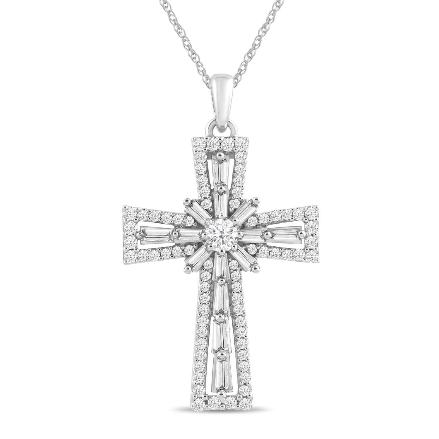 Amazon Essentials 10K White Gold Diamond Cross Pendant Jewelry Necklace (1 cttw), 18" (Previously Amazon Collection)