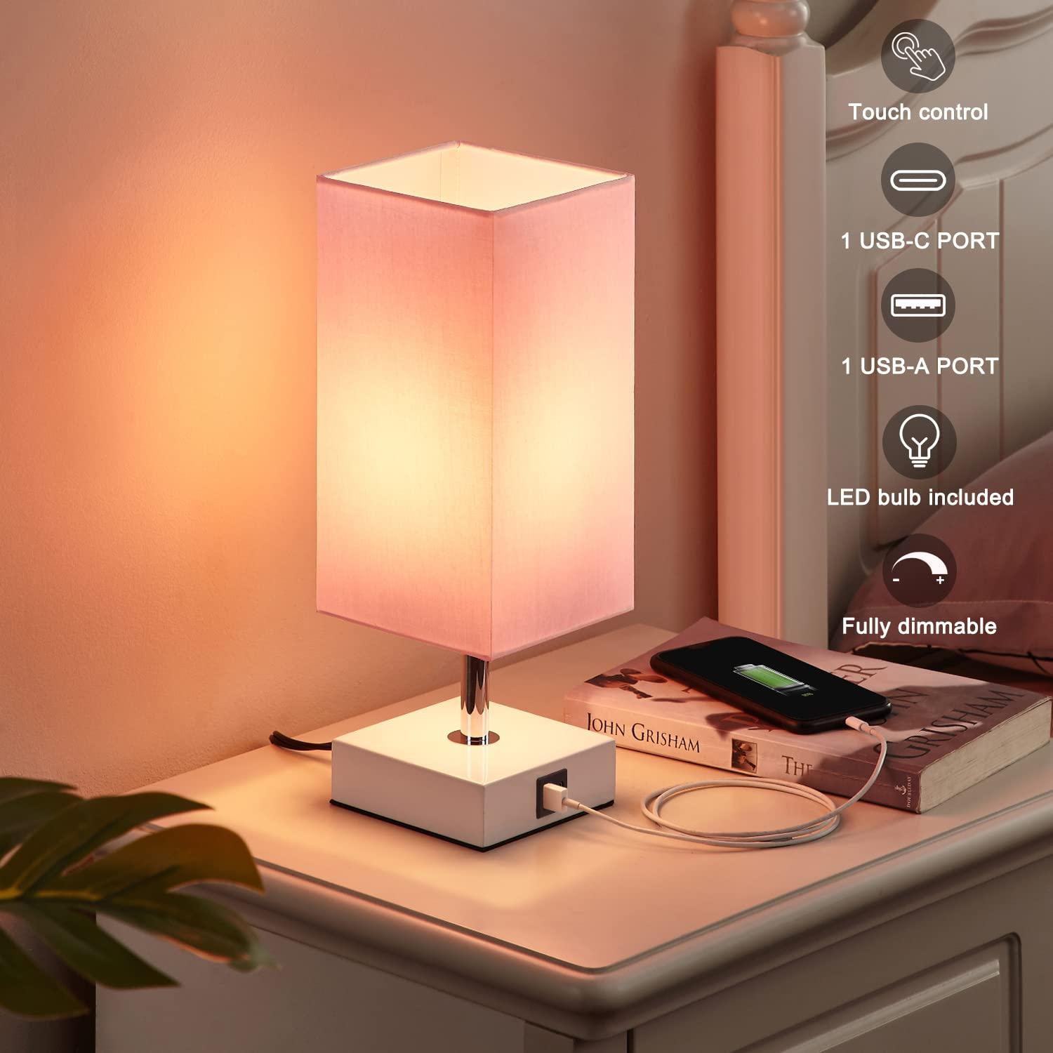 Ambimall Touch Control Table Lamp with 2 USB Charging Ports, 3 Way Touch Lamps Beside Desk, Nightstand Lamp for Bedrooms Living Room, Pink Shade with White Base, LED Bulb Included(Pink) - Image 3