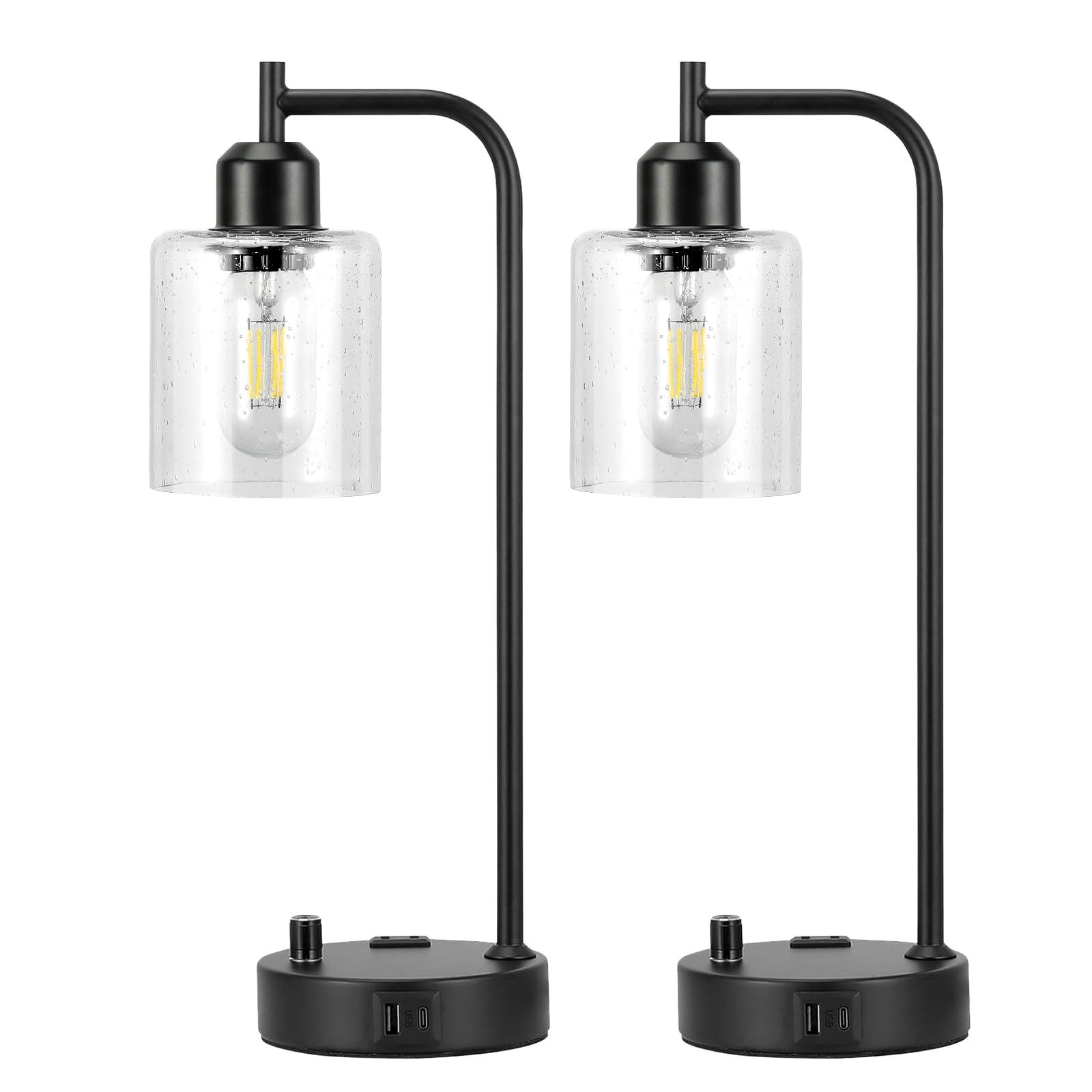 Industrial Table Lamps for Bedrooms Set of 2 - Fully Dimmable Bedside Lamps with USB A and C Ports and Outlet, Black Nightstand Lamps with Glass Shade for Living Room, Desk Lamps for Office Reading - Image 8