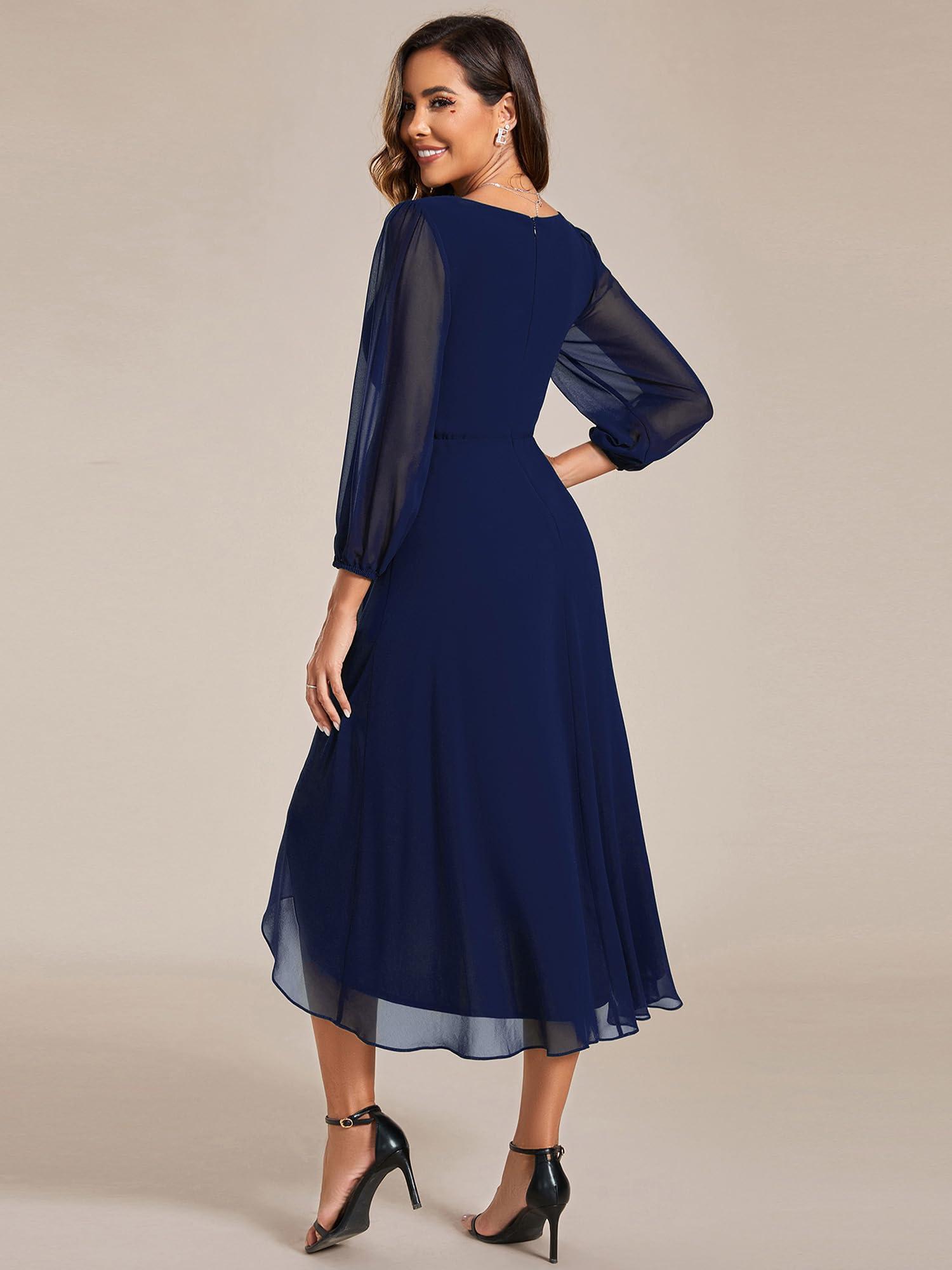 Ever-Pretty Women's Chiffon V Neck Long Sleeves Pleated A-Line Midi Length Wedding Guest Dress 01926 - Image 2