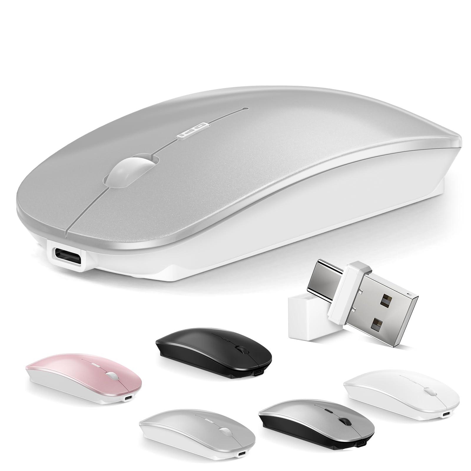 Bluetooth Wireless Mouse for MacBook Air Mac Pro Laptop Computer iPad Pad PC Optical Rechargeable Silent Mouse with Dual Mode Switch Mouse Bluetooth 5.2/3.0 and 2.4GHz USB Type-C Receiver (Silvery)