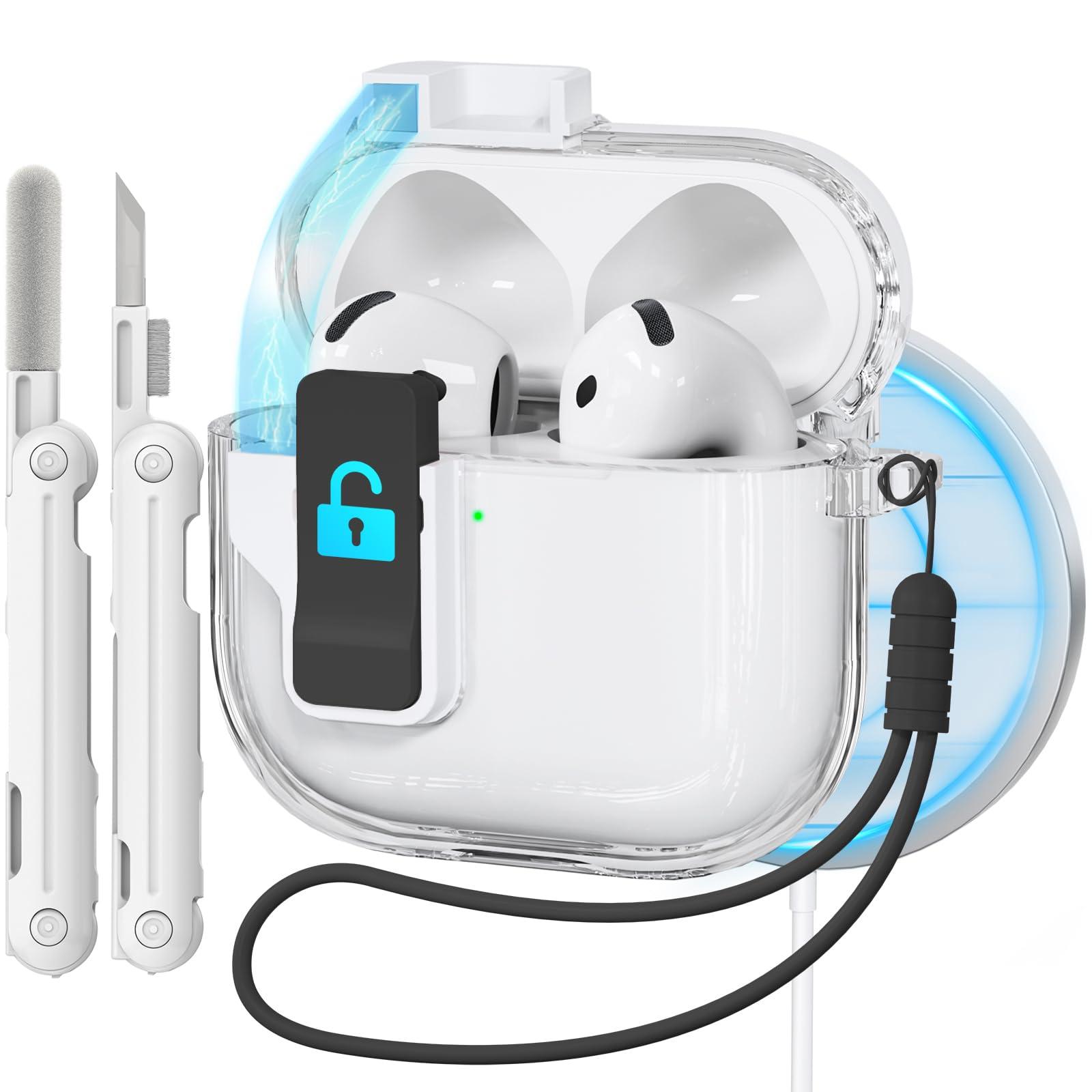 Safety Lock for Airpods 4 Case, Clear for Apple Airpod 4 Case 2024 USB-C, Compatible with MagSafe, for Airpod 4 Case Cover with Cleaner Kit for Women, Auto Pop-Up Lid with Lanyard and Keychain, Black