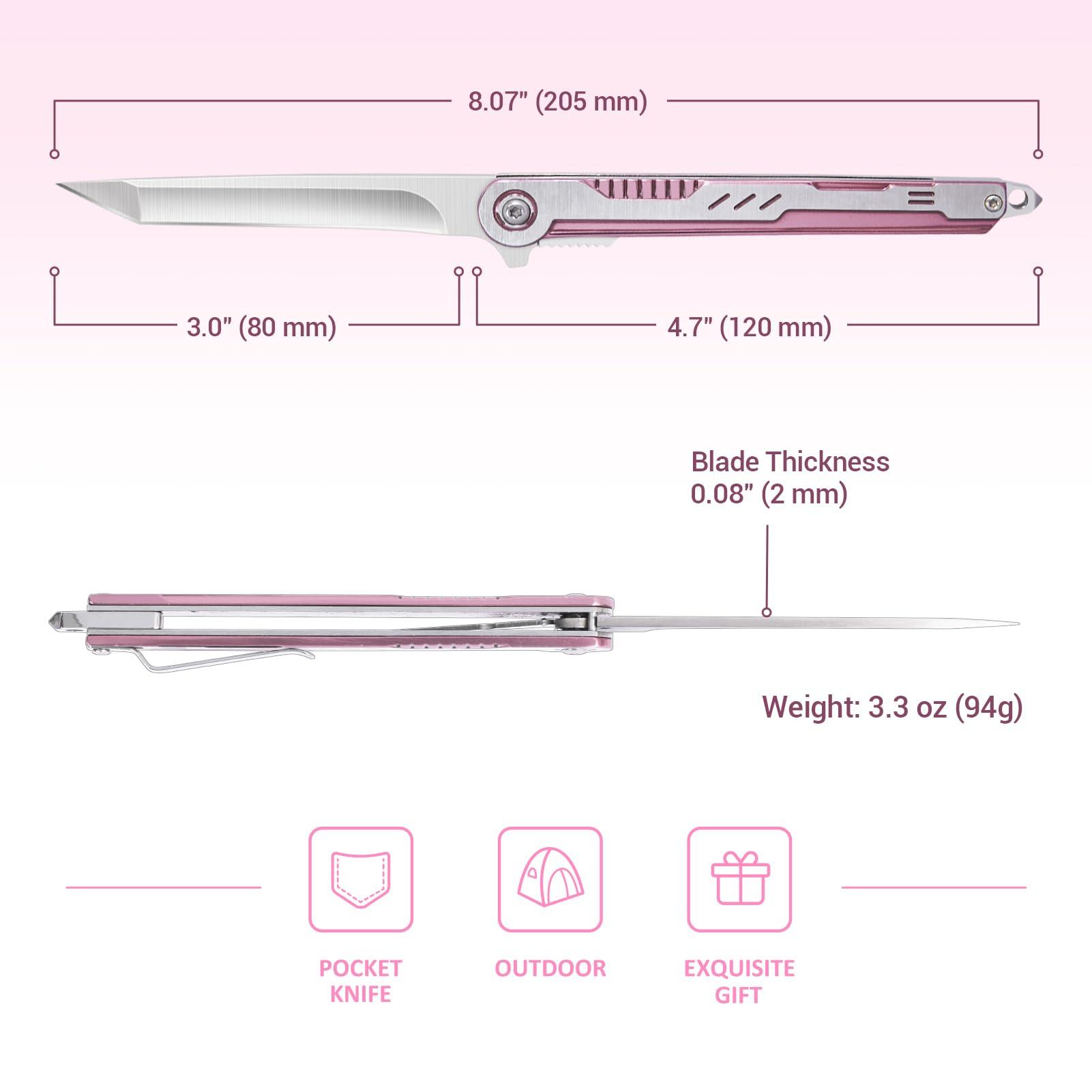 FUNBRO Pink Pocket Knife for Women - Slim EDC Knife with 7CR13Mov Steel Tanto Blade, Clip and Glass Breaker - Womens Knife for Camping - Cute Girl Survival Tool Pocket & Folding Knives - Image 2