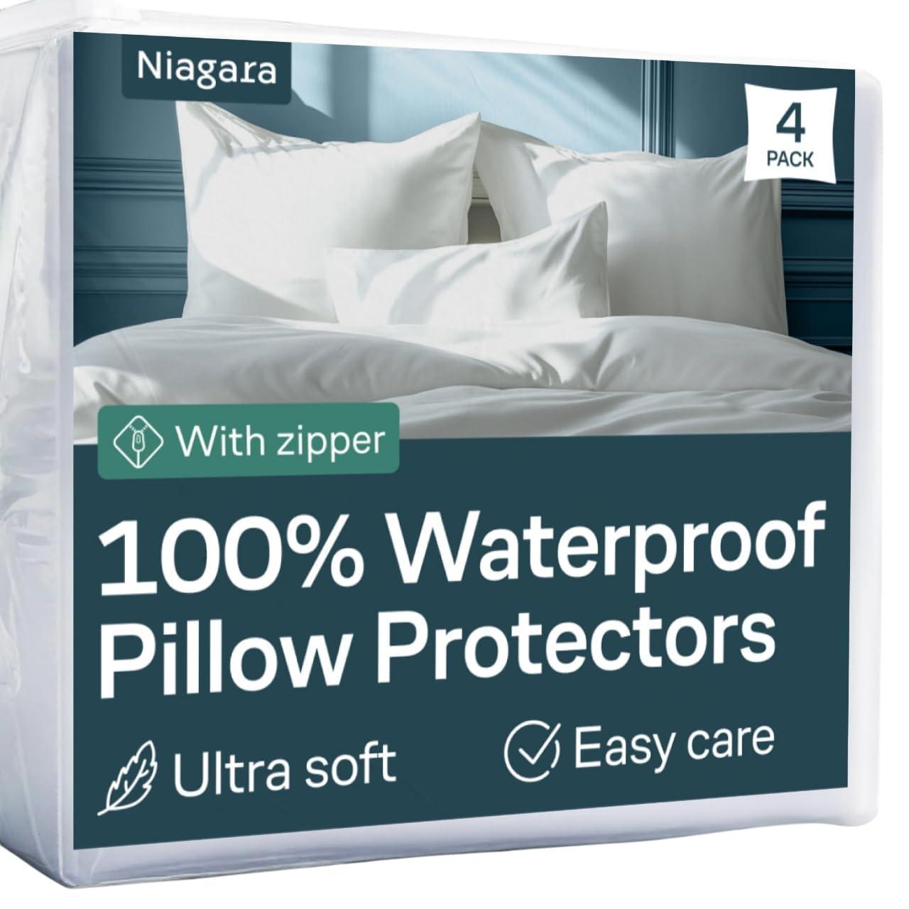 Niagara 4 Pack Waterproof Pillow Protectors Standard 20x26 Inches Smooth Zipper Premium Encasement Covers Quiet Cases Set White