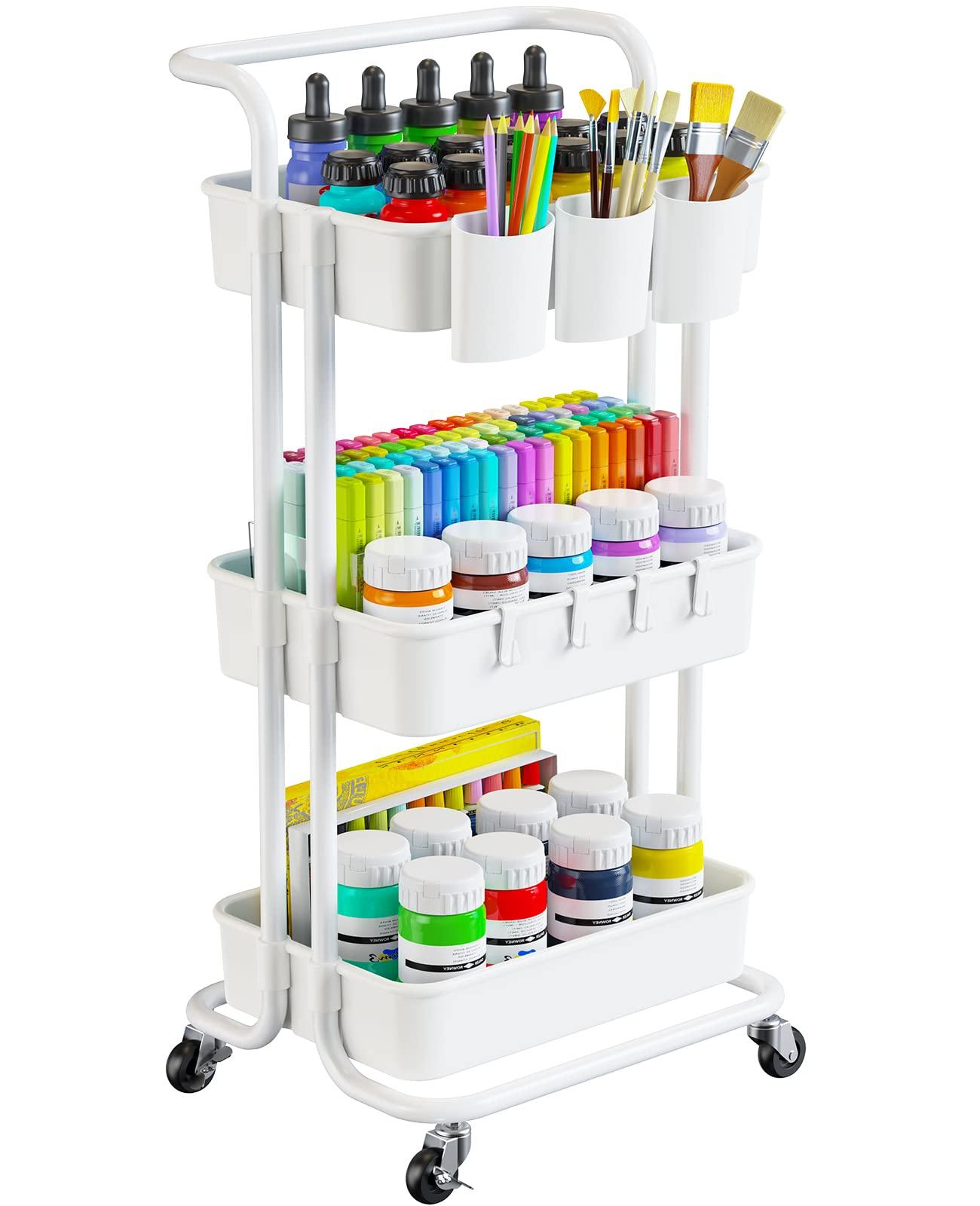Pipishell 3-Tier Rolling Cart with Wheels - Rolling Storage Cart with Hanging Cups & Hooks - Mobile Utility Cart for Office, Kitchen, Craft Room - Art & Craft Organizer, White, PIUC06W