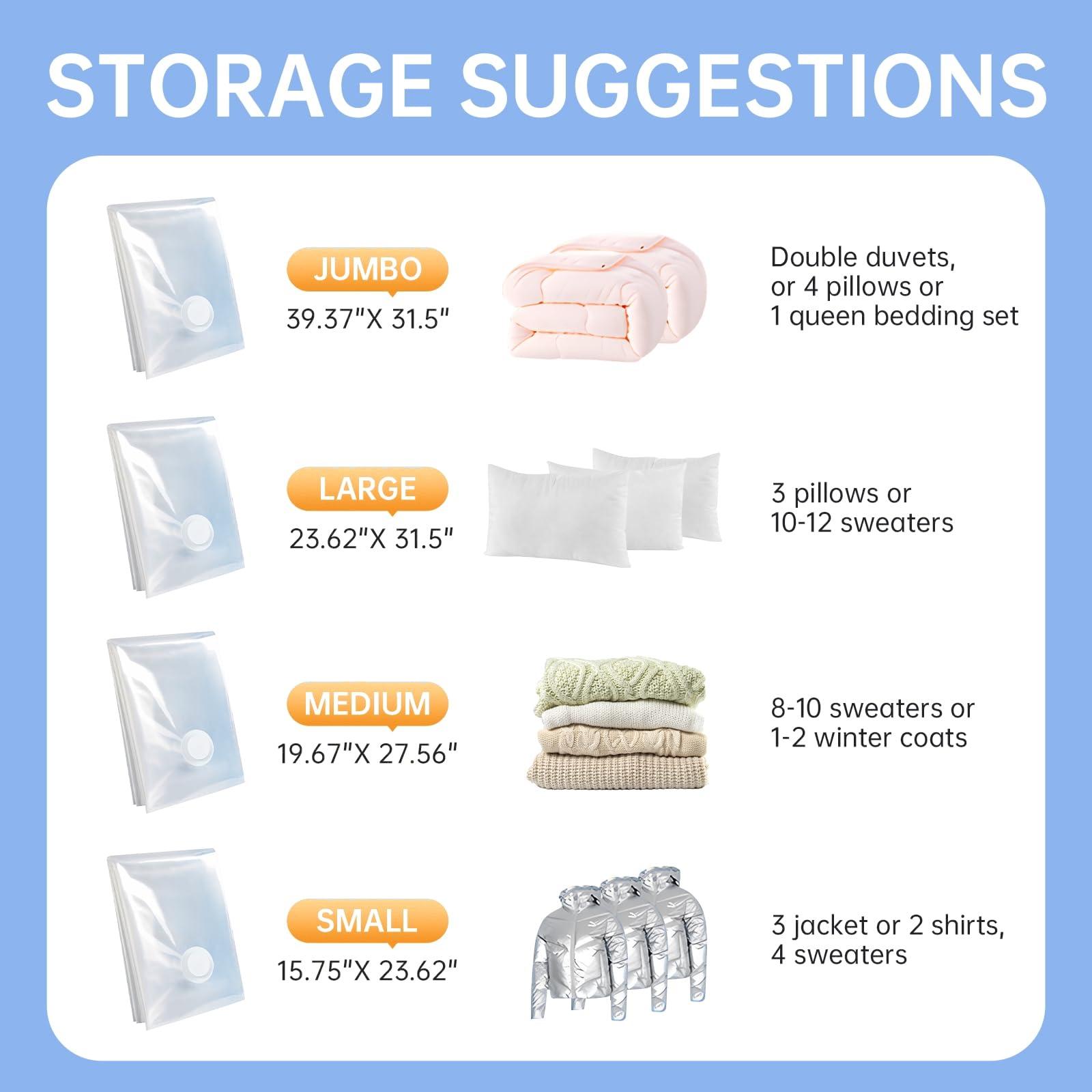 12 Pack Vacuum Seal Bags for Clothing, Vacuum Storage Bag with Electric Pump, Vacuum Bags for Travel, Luggage Compression Packing, Space Saver Bags (3 Small, 3 Medium, 3 Large, 3 Jumbo) - Image 6