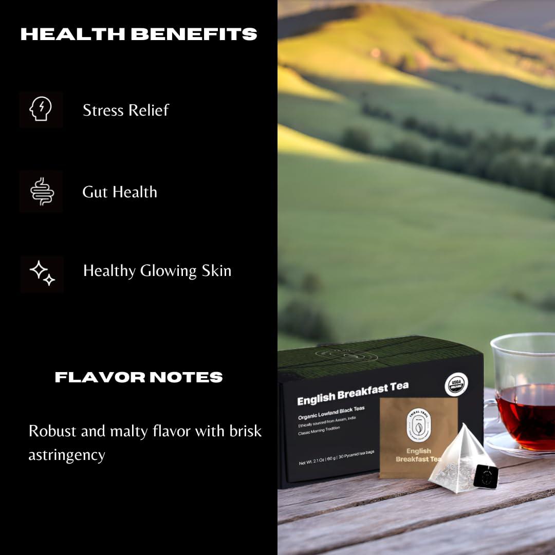 Tribal Trail Organic English Breakfast Tea Bags (30 count / 2.12 oz) | USDA Organic & Non-GMO | Artisanal Black Tea from Assam, India | Recyclable Pyramid Tea Bags - Image 2