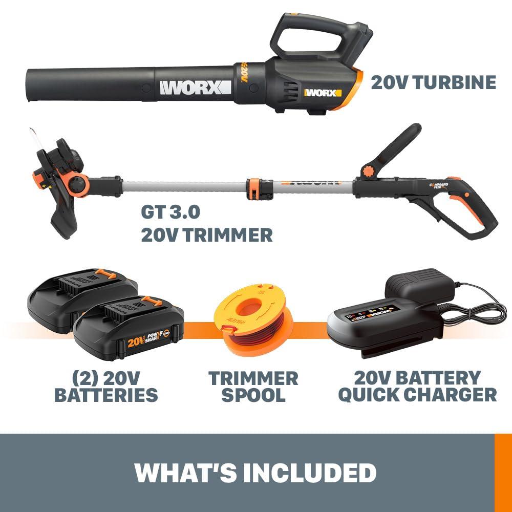 Worx 20V String Trimmer Cordless & Edger 3.0 + Leaf Blower Cordless with Battery and Charger Turbine, Black and Orange - Image 6