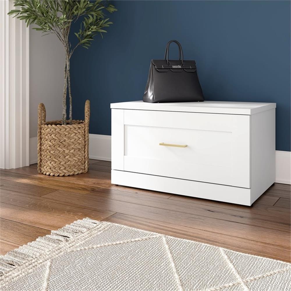 BOWERY HILL 30W Shoe Bench with Drawer in White - Engineered Wood - Image 2