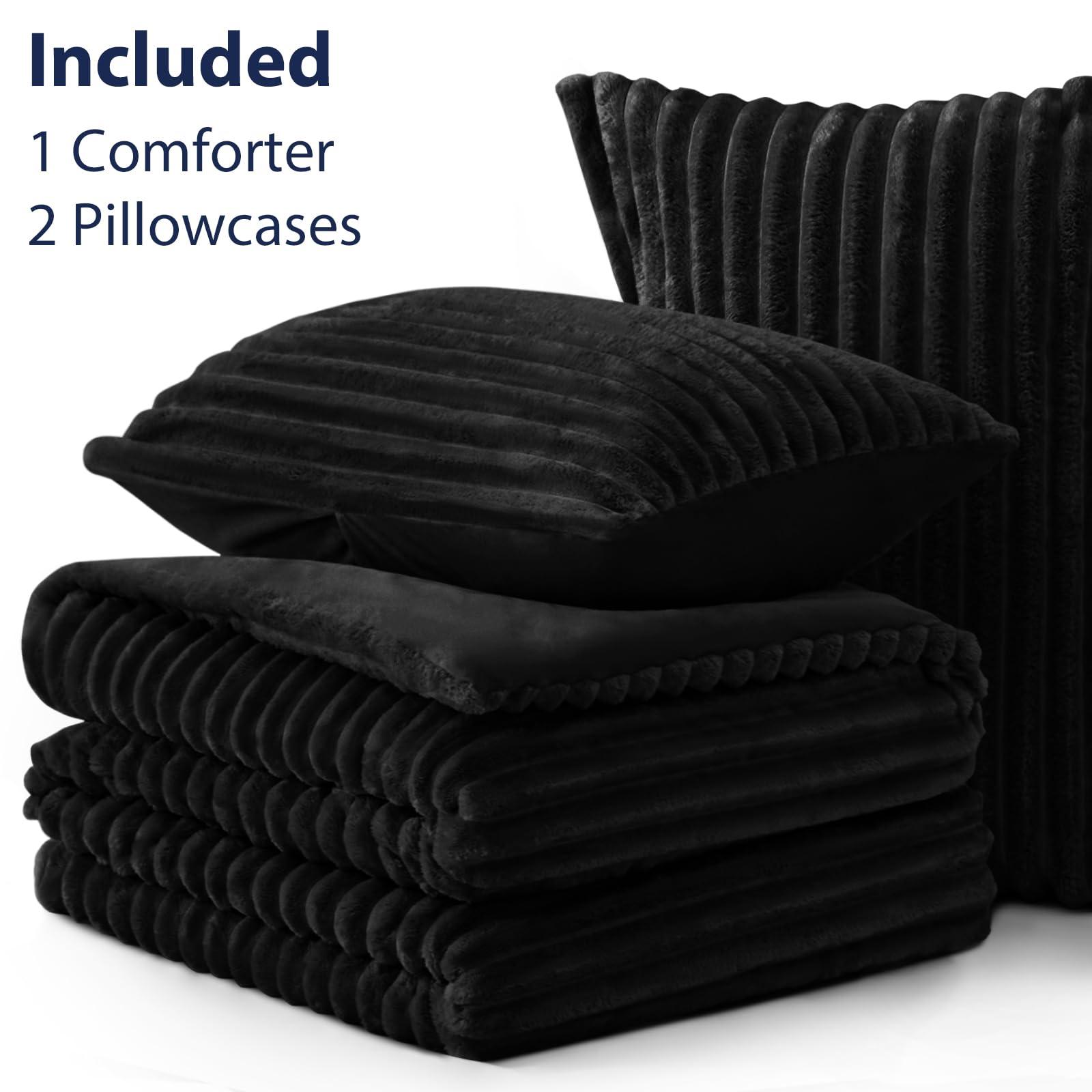 EXQ Home Fluffy Comforter Set Queen Size - Super Soft Faux Fur Stripe Jacquard Comforter 3 Pieces, Black Fleece Bedding Set,Winter Warm Bed Set,1 Comforter with 2 Pillowcases - Image 9