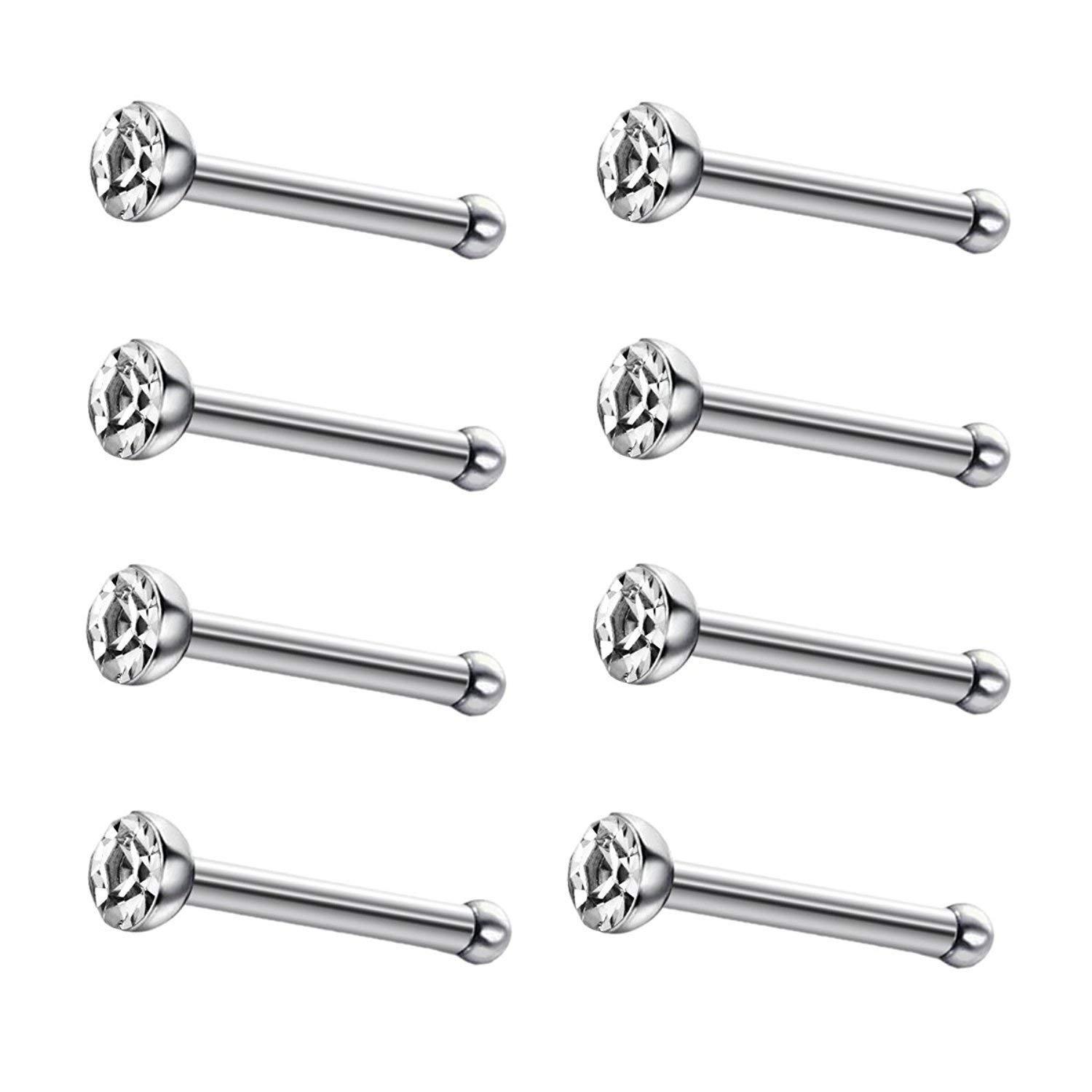 JEWELRIESHOP 40pcs Nose Studs Stainless Steel CZ Nose Rings Pins Piercing Jewelry Bone Studs for Women Men Hypoallergenic 22G