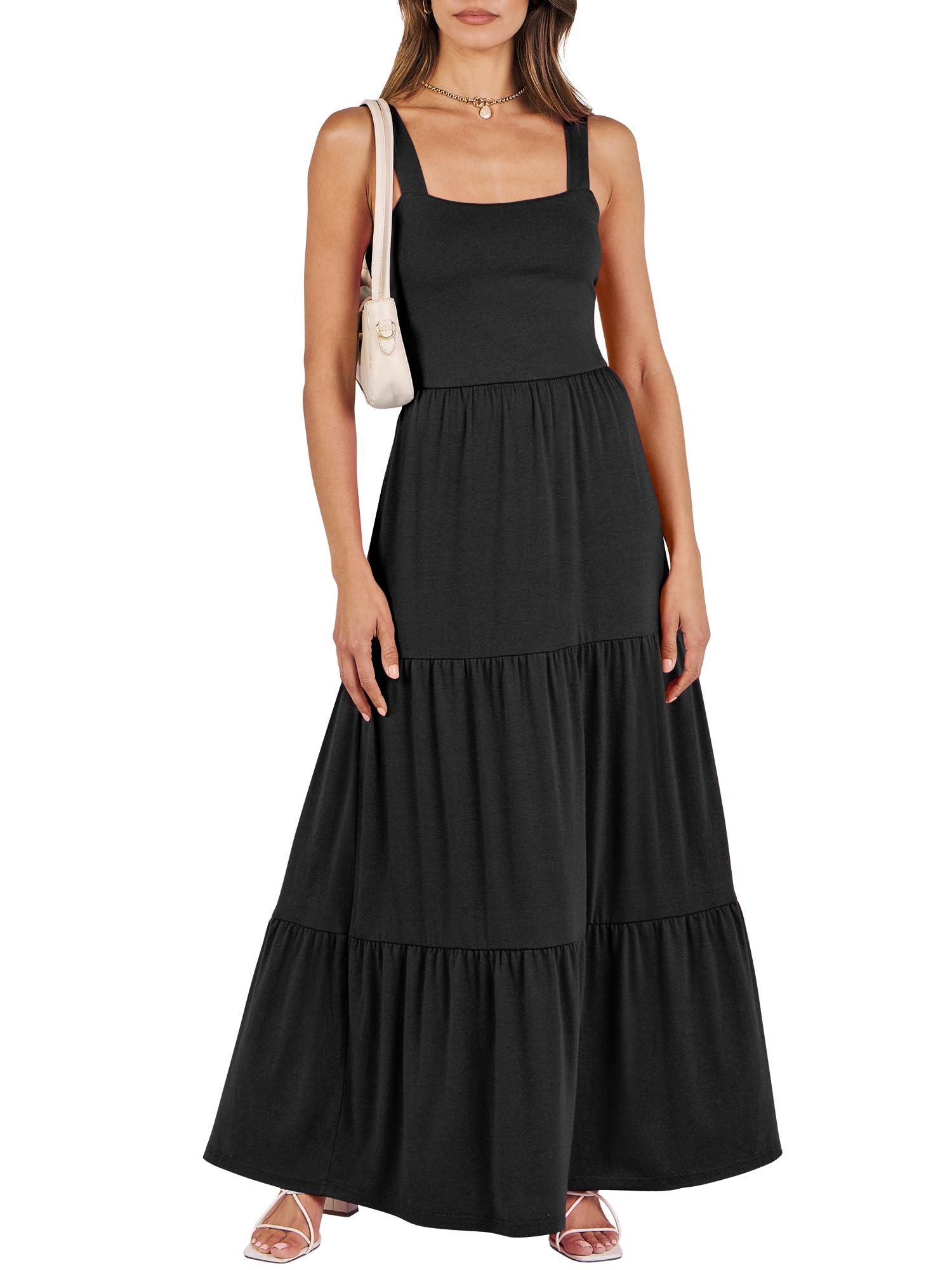 ANRABESS Women's Summer Casual Long Maxi Beach Vacation Dresses Sleeveless Square Neck Flowy Tiered Sun Dress with Pockets