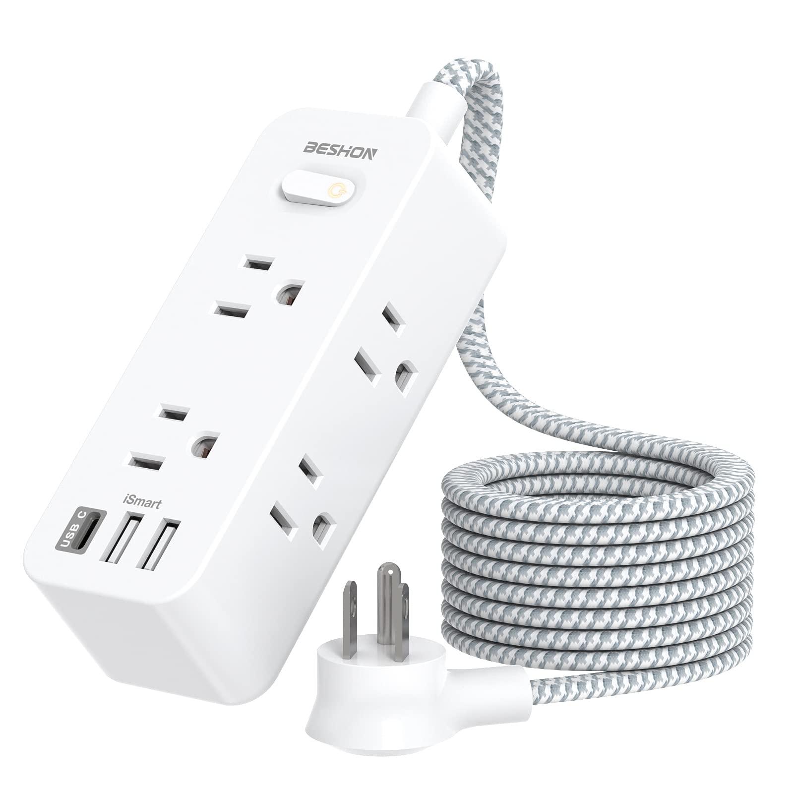 Power Strip Surge Protector, BESHON 5Ft Extension Cord, 6 Outlets with 3 USB Ports(1 USB C Outlet), 3-Side Outlet Extender, Wall Mount, Compact for Travel, Home, School, College Dorm Room and Office