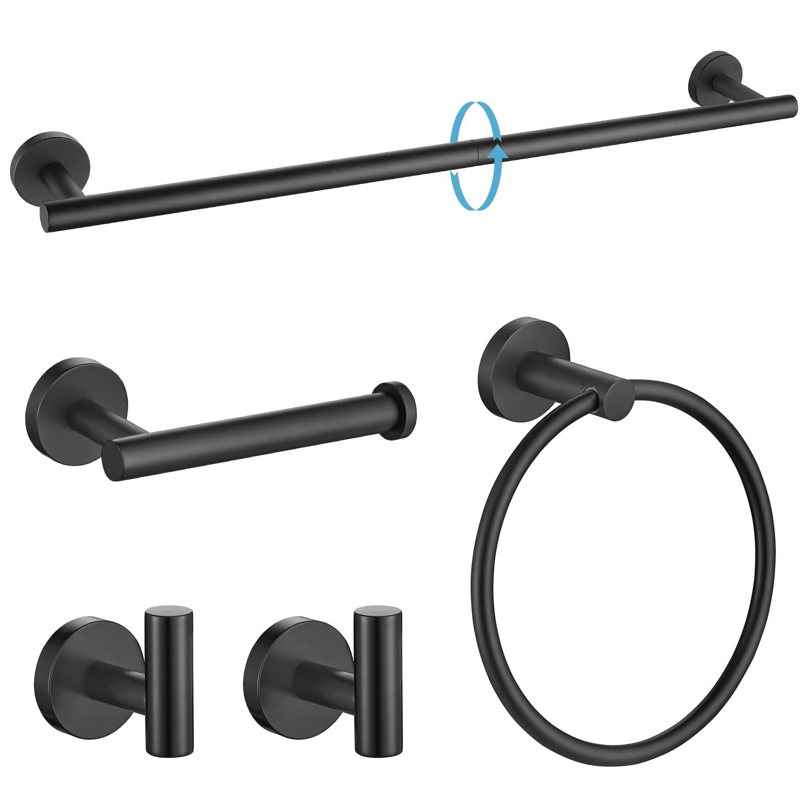 TURS Matte Black Bathroom Hardware Set 5 Piece, SUS304 Stainless Steel Bath Towel Bar Set, 24 Inch Bathroom Accessories Kit Wall Mounted