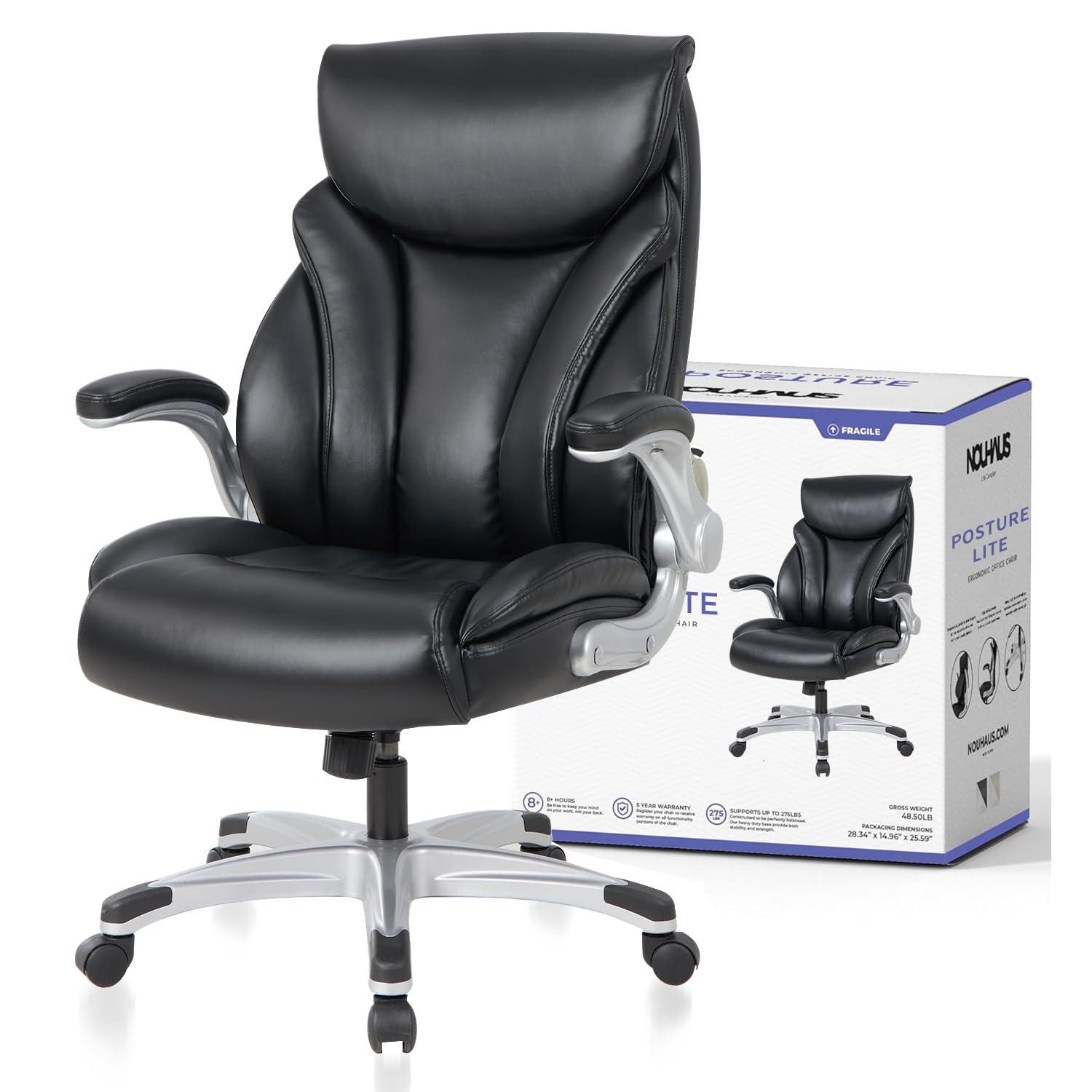 Nouhaus Big and Tall Desk Office Chair with Lumbar Support, High Back PU Leather Ergonomic Office Chair, Executive Desk Chair Computer Chairs with Adjustable Flip-up Armrests (Posture Lite,Black)