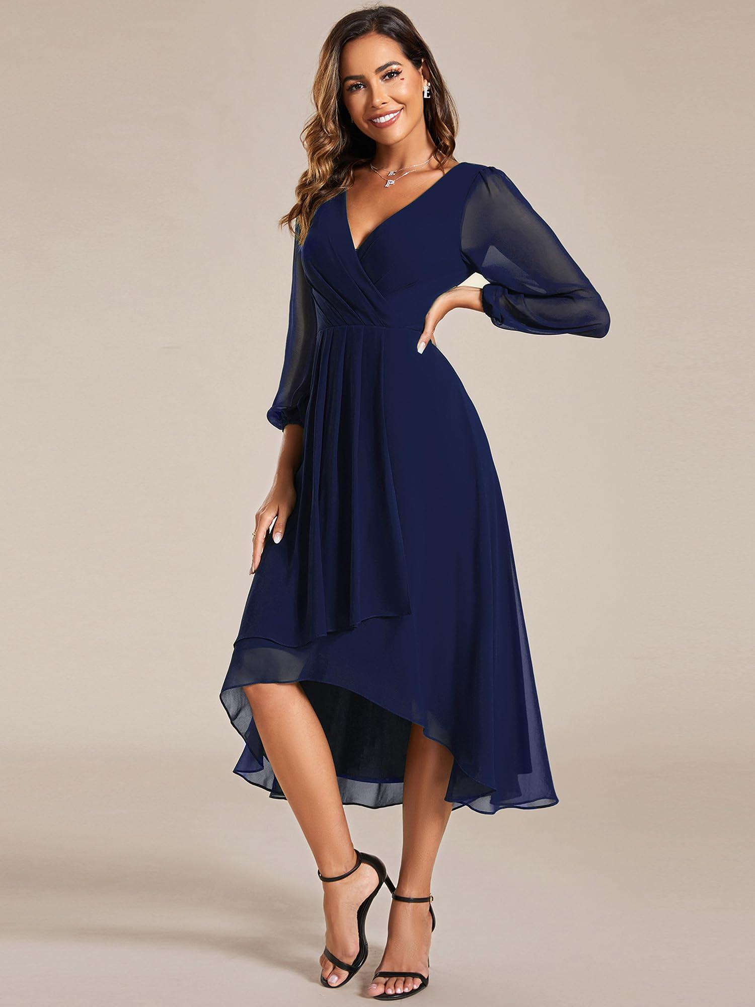 Ever-Pretty Women's Chiffon V Neck Long Sleeves Pleated A-Line Midi Length Wedding Guest Dress 01926 - Image 4
