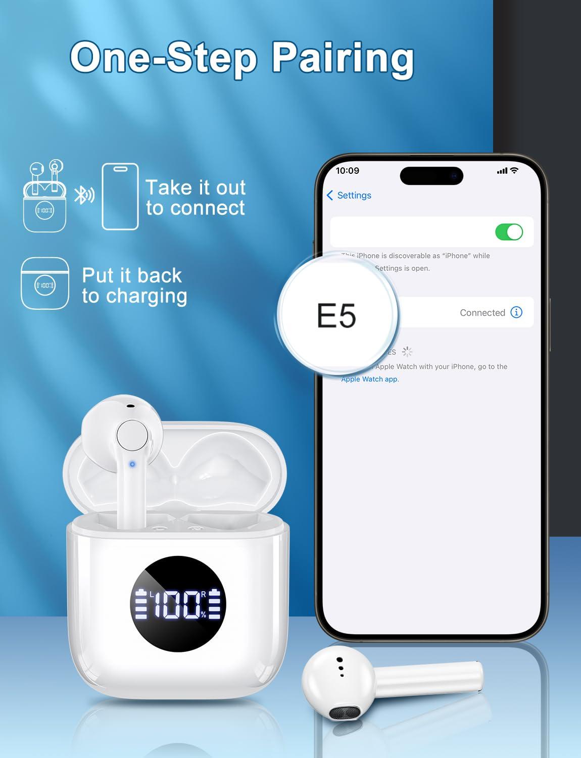 HIYDOO Wireless Earbuds, Bluetooth 5.3 Headphones with Charging Case, Lightweight in-Ear Stereo Earphones with Mic for Android/iOS Cellphone, Waterproof Cordless Earphones for Sports-Ivory White - Image 3