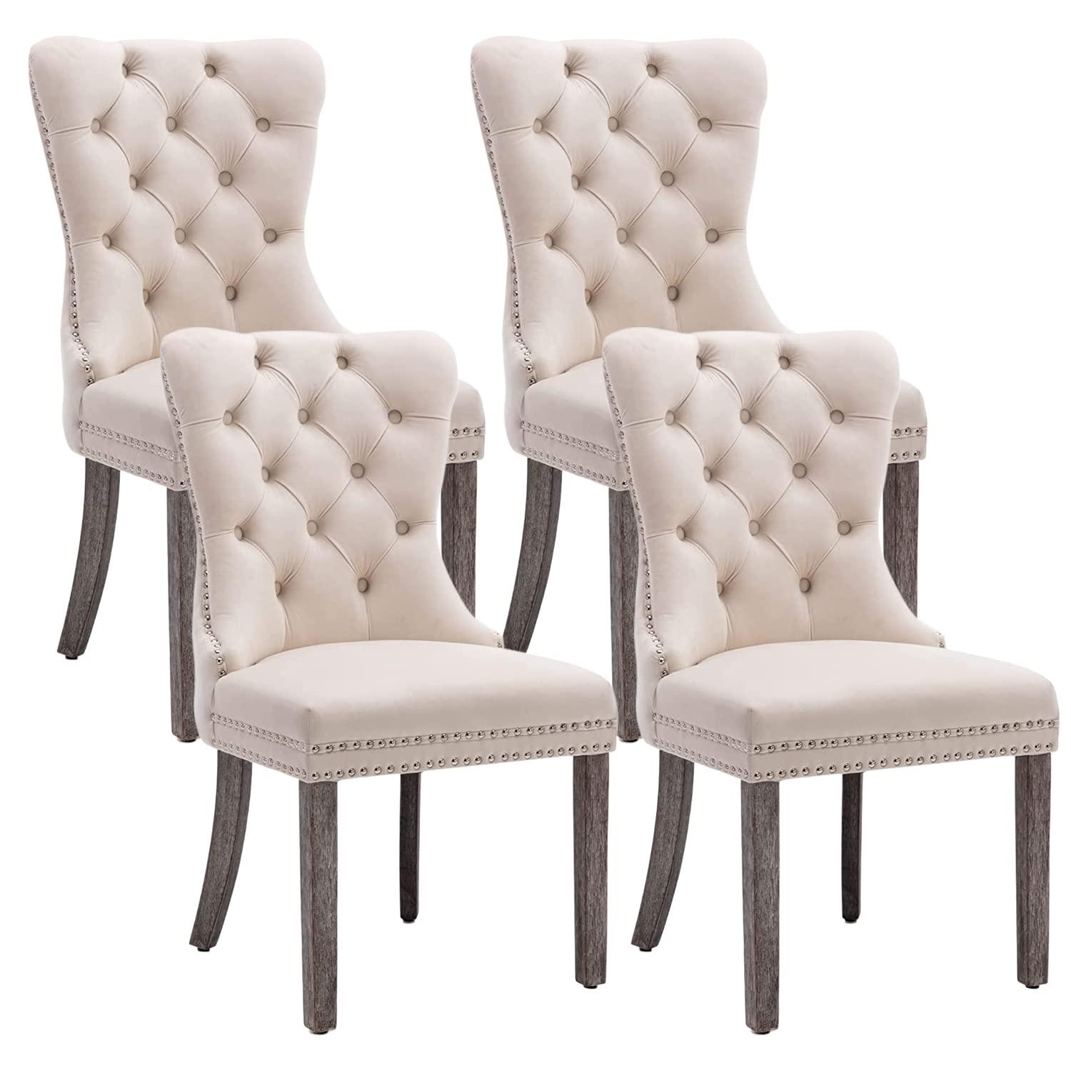 Eifizek Velvet Dining Chairs Set of 4, Tufted Dining Room Chairs with Nailhead Ring Pull Trim, Upholstered Dining Chairs with Solid Wood Legs for Kitchen Dining Room (Beige)