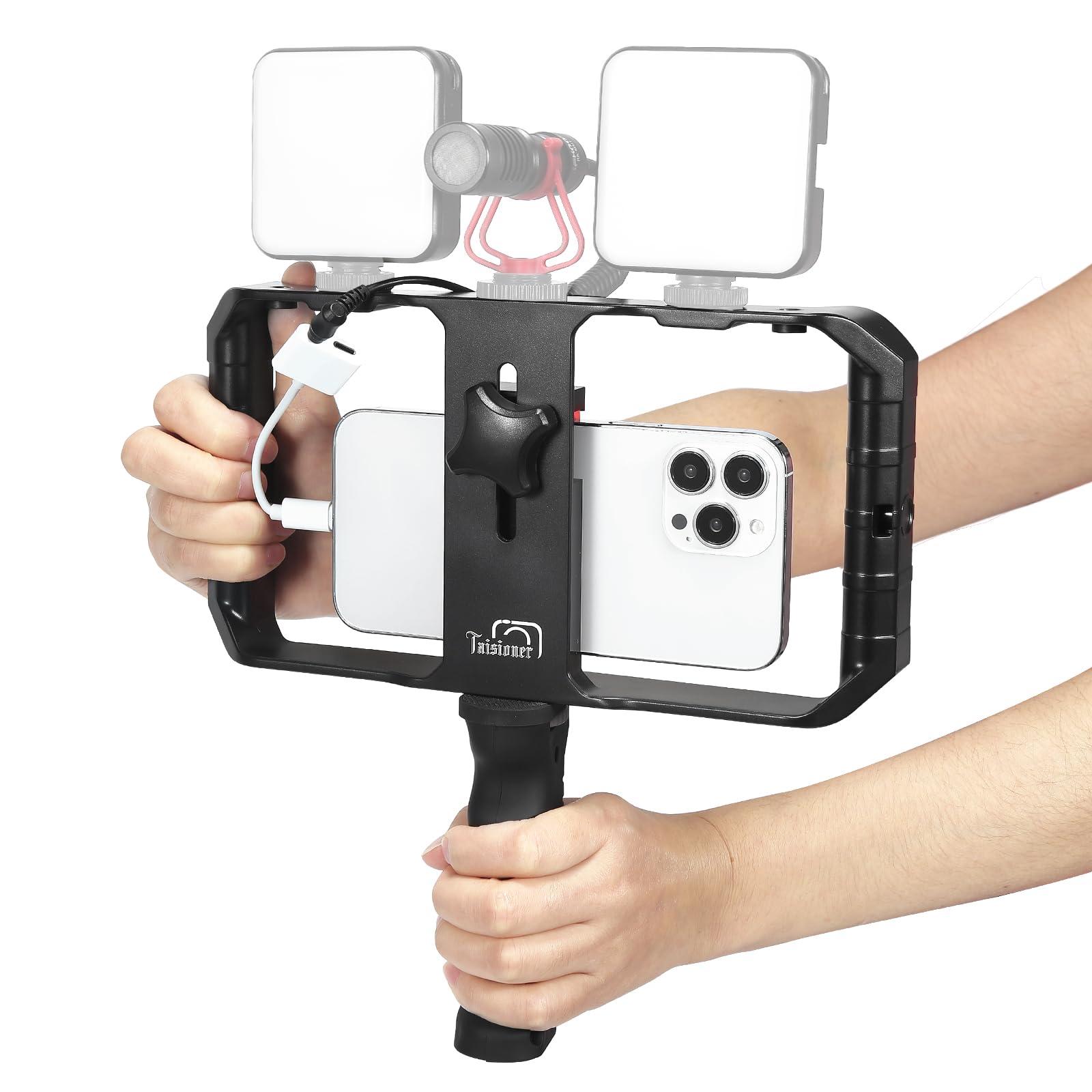 Taisioner Smartphone Video Rig Hand Girp Stabilizer Filmmaking Vlogging Case Phone Video Stabilizer with Cold Shoe for Film Maker Video Grapher Compatible with iPhone 15/14/13/12/ Pro Max and Android