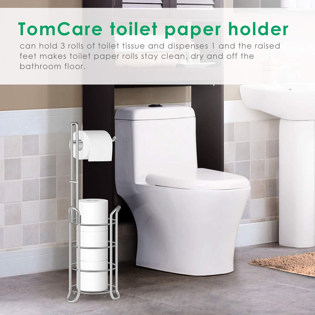 TomCare Toilet Paper Holder Toilet Paper Stand Free-Standing Toilet Tissue Paper Roll Bathroom Storage Shelf and Dispenser for 3 Spare Rolls Metal Wire Bathroom Accessories Storage Organizer - Image 7