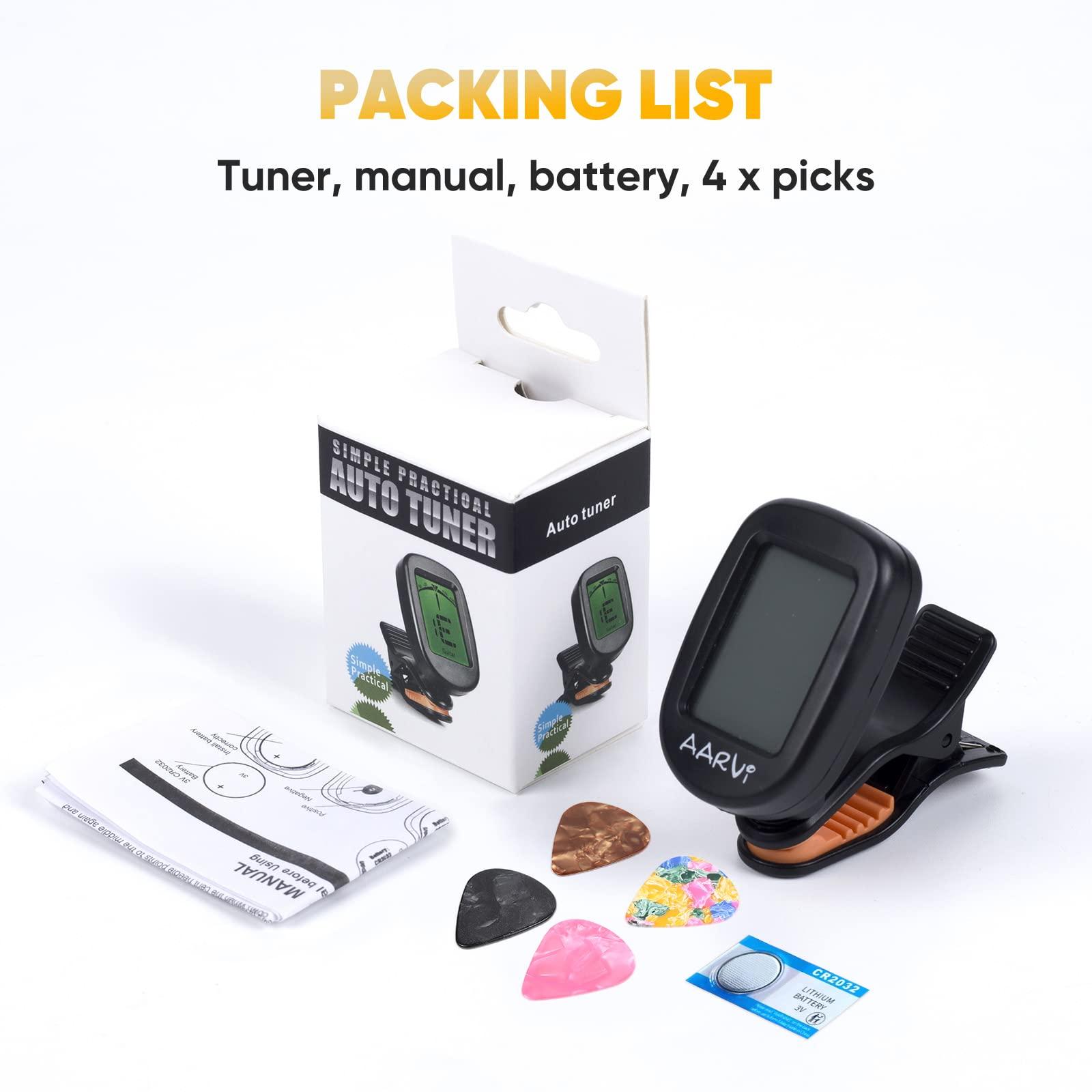 AARVI Clip On Guitar Tuner for All Instruments, Acoustic/Electric Guitar, Ukulele, Bass, Violin, Banjo, Large Clear LCD Display for Guitar Tuning, Chromatic Tuner, 4 Pack Guitar Picks Included - Image 7