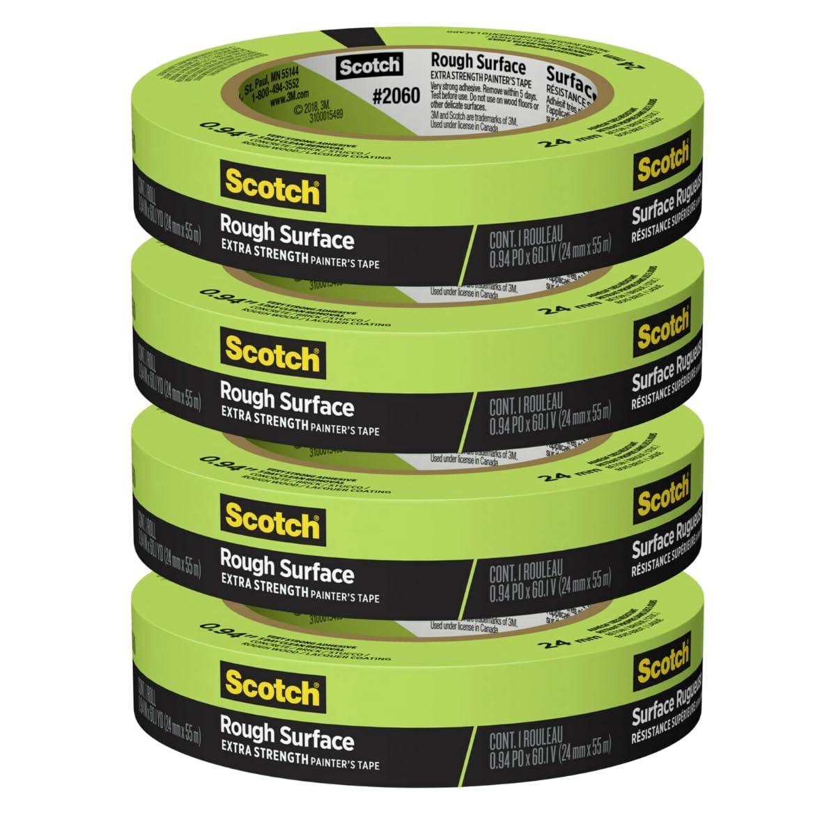 Scotch Painter’s Tape for Rough Surfaces, 0.94-Inch x 60 Yards, High Adhesion, Clean Removal in 3 Days, Weather-Resistant for Brick, Stucco, Concrete, Indoor and Outdoor Painting, 4-Pack