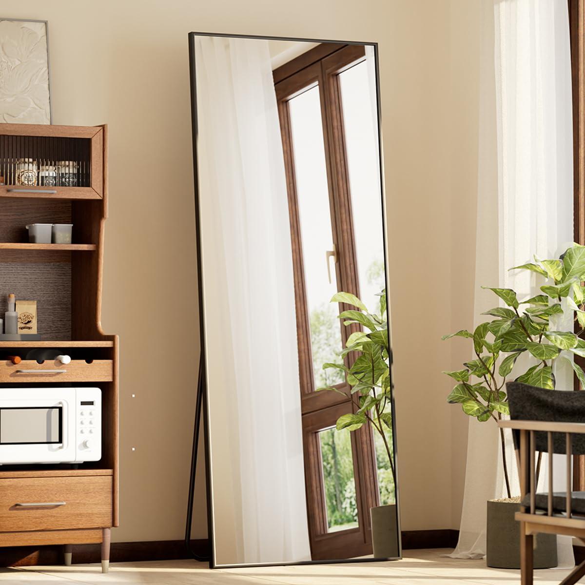 BEAUTYPEAK Full Length Mirror with Stand, 56"x21" Floor Mirror with Aluminum Alloy Thin Frame, ShatterVue Tempered Full Body Mirrors, Free Standing or Wall-Mounted Mirrors for Living Room, Black - Image 3