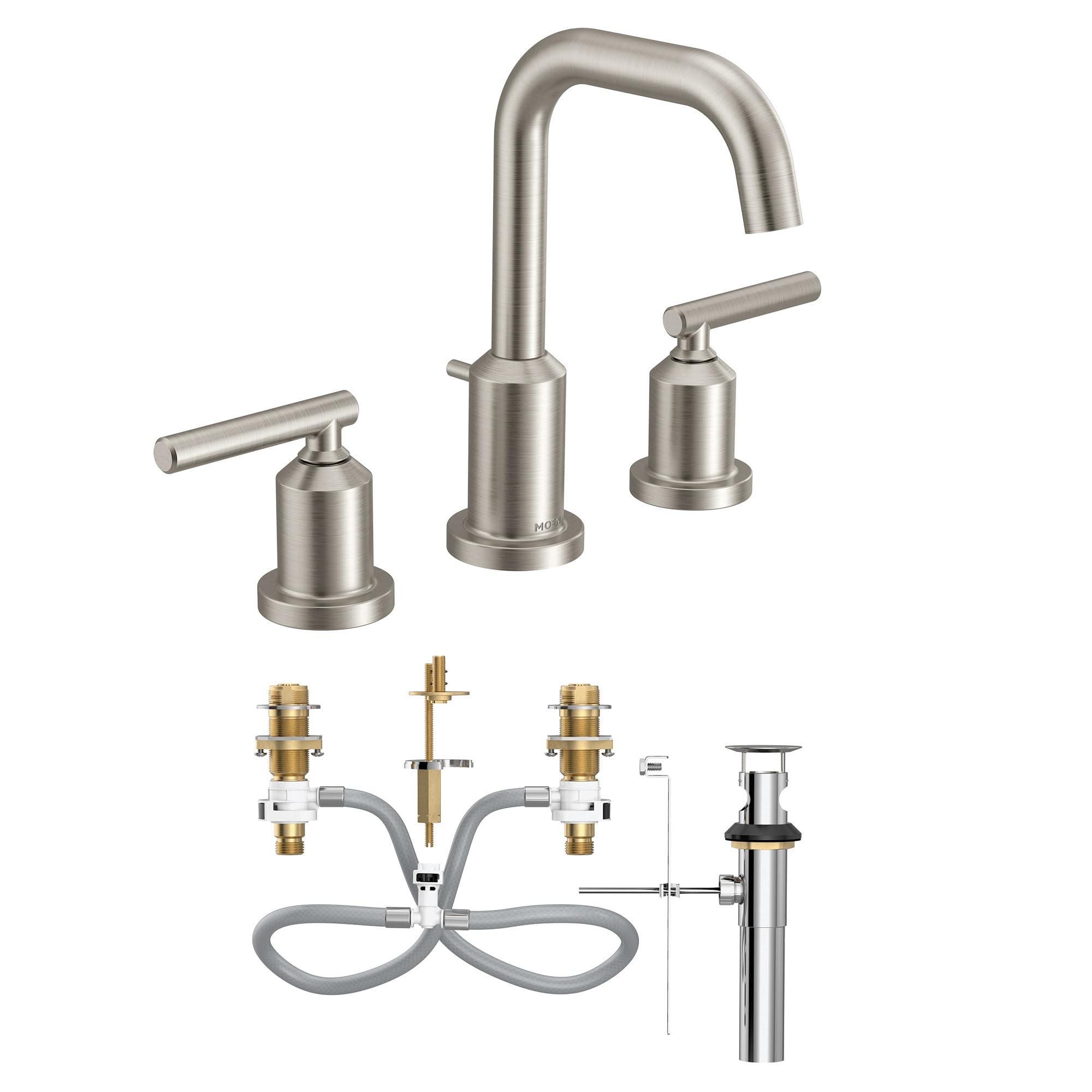 Moen Gibson Brushed Nickel Two-Handle High Arc Widespread Bathroom Sink Faucet for 3-Hole Setups with Valve Included, TV6142BN