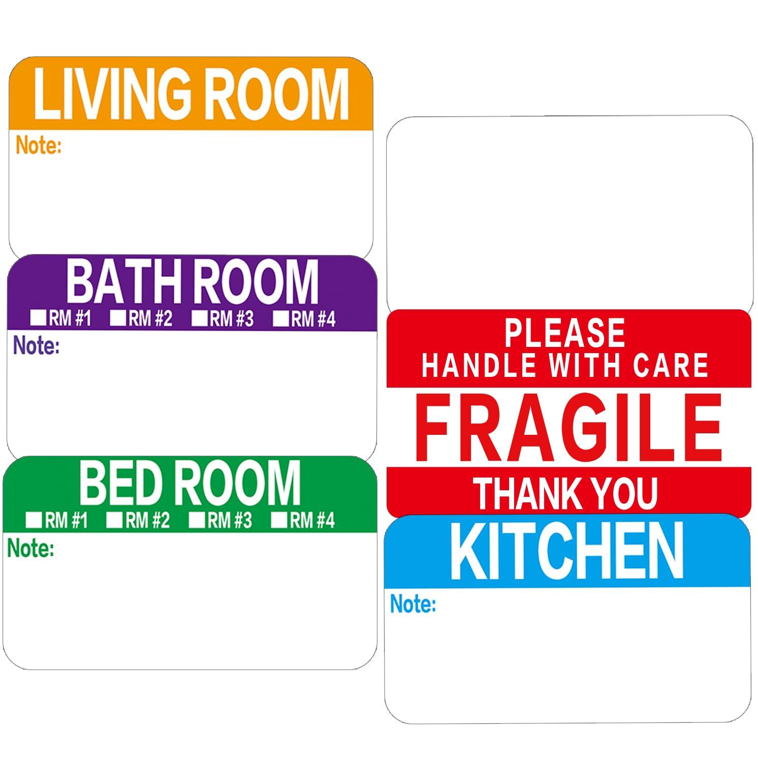 300 Count 3.5 x 2 Large Home Moving Packing Box Labels for 3-4 Bedroom House with Writable Notes Areas, 6 Color Coded Moving Labels for Boxes + Fragile Moving Stickers