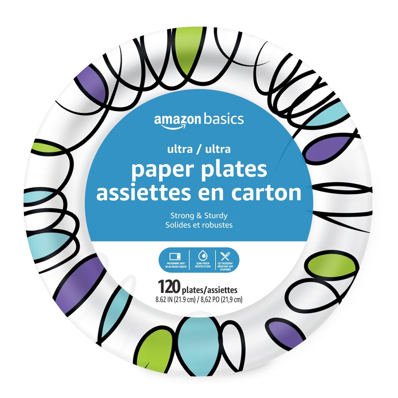 Amazon Basics Ultra Paper Plates, 8.62 Inch, Disposable, 120 Count