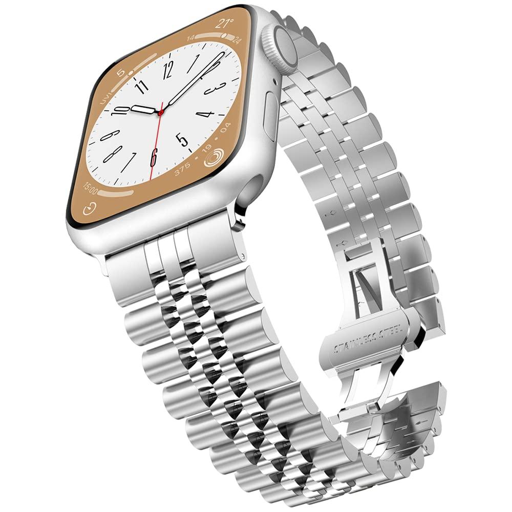 baozai Compatible with Apple Watch Band Ultra 2 Ultra 46mm 45mm 44mm, iWatch Series 10-1 SE Stainless Steel Strap with Butterfly Folding Clasp for Men, Silver